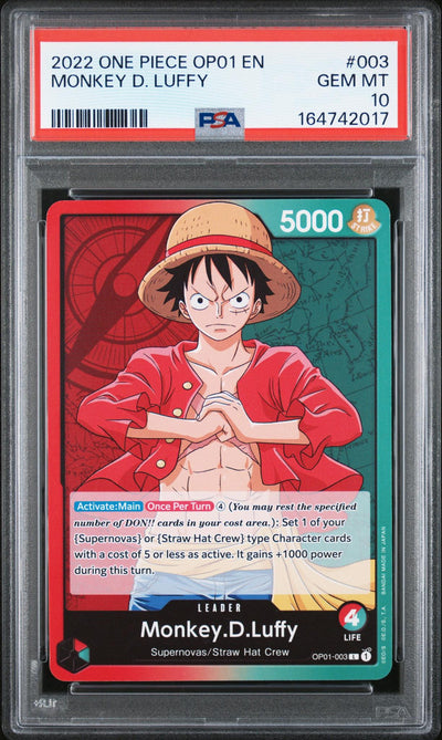 One Piece TCG Bandai 2022 One Piece Romance Dawn Monkey D. Luffy #Op01003 PSA 10