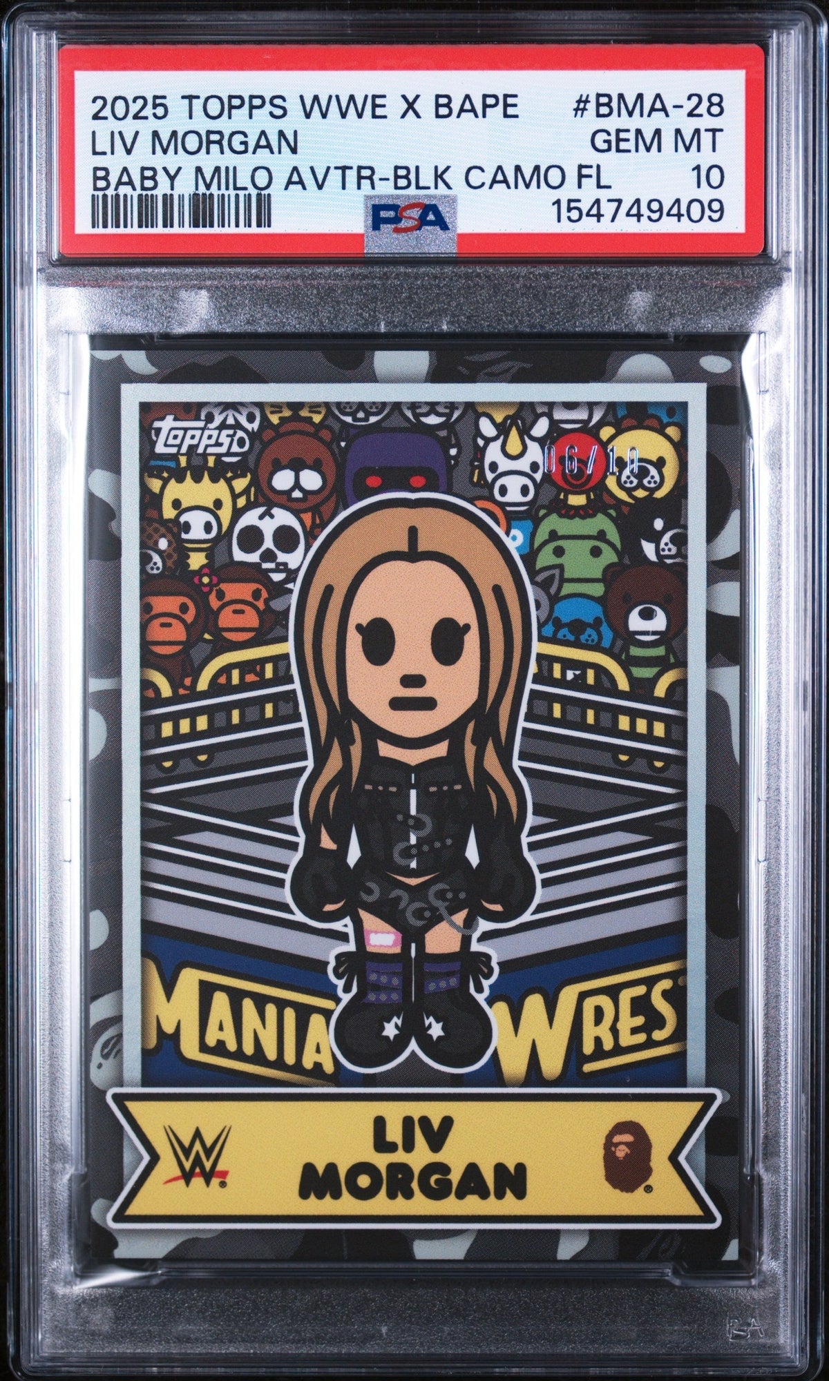 WWE Wrestling Topps 2025 Topps WWE X Bape Baby Milo Avatar Baby Milo Avtr-Blk Camo Fl Liv Morgan #Bma-28 10/10 PSA 10