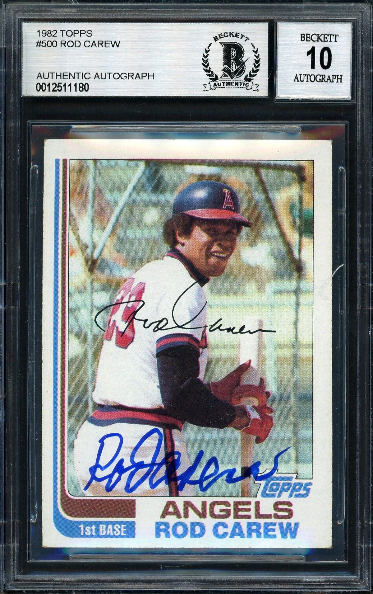 Rod Carew Autographed 1982 Topps Card #500 California Angels Auto Grade 10 Beckett Bas Stock #186051