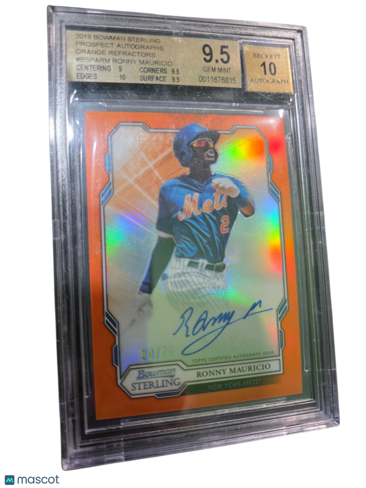 Baseball Bowman 2019 Bowman Sterling Prospect Auto Orange Ronny Mauricio #Bsparm BGS 9.5 Auto 10