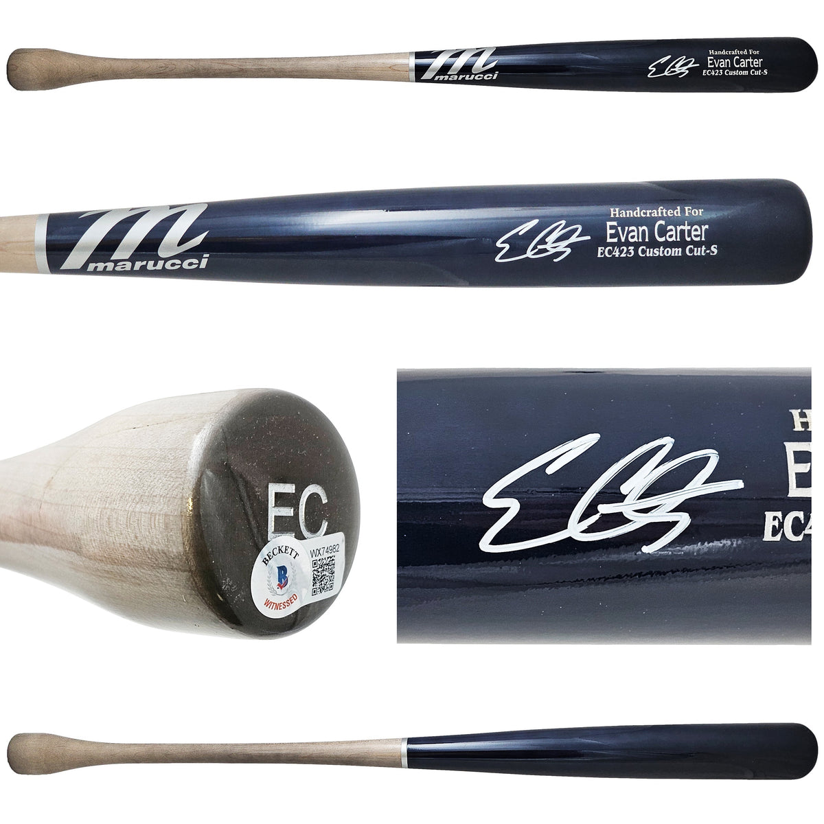 Evan Carter Autographed Dark Blue Marucci Player Model Bat Texas Rangers Beckett Bas Witness Stock #217965