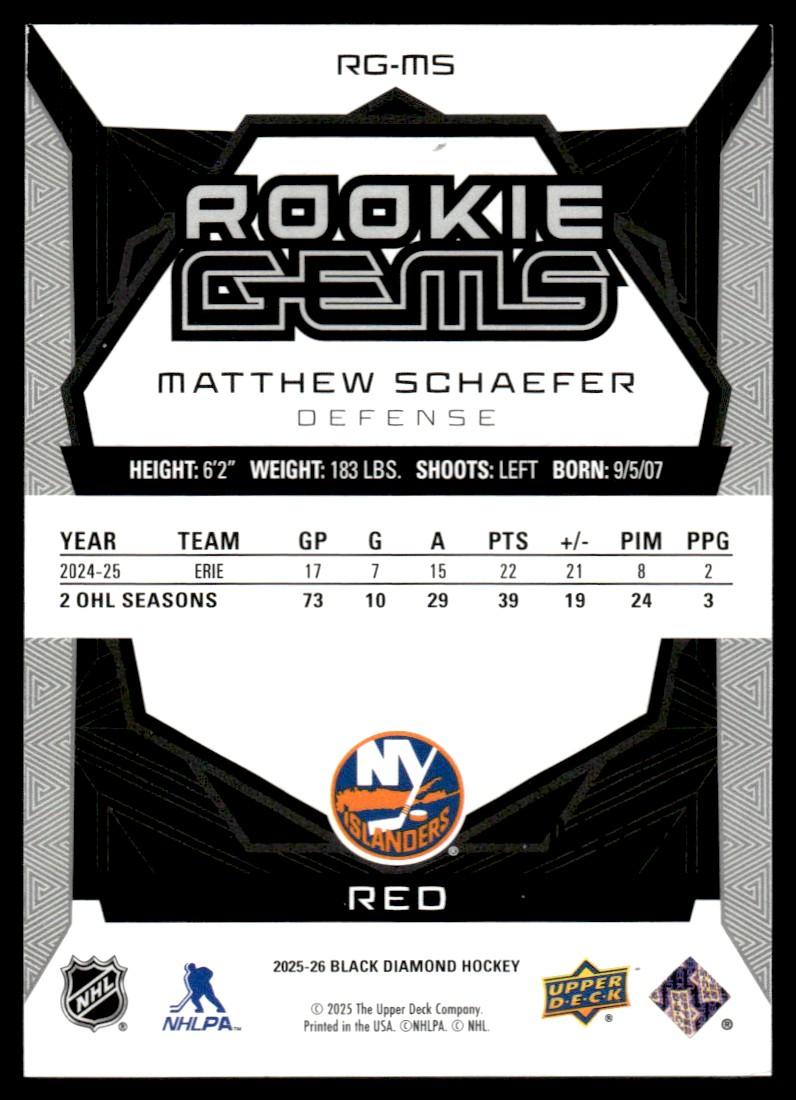 Hockey Upper Deck 2025 The Upper Deck Company Black Diamond Rg-Ms Matthew Schaefer Rookie Gems Red Rookie Vg Ny Islanders