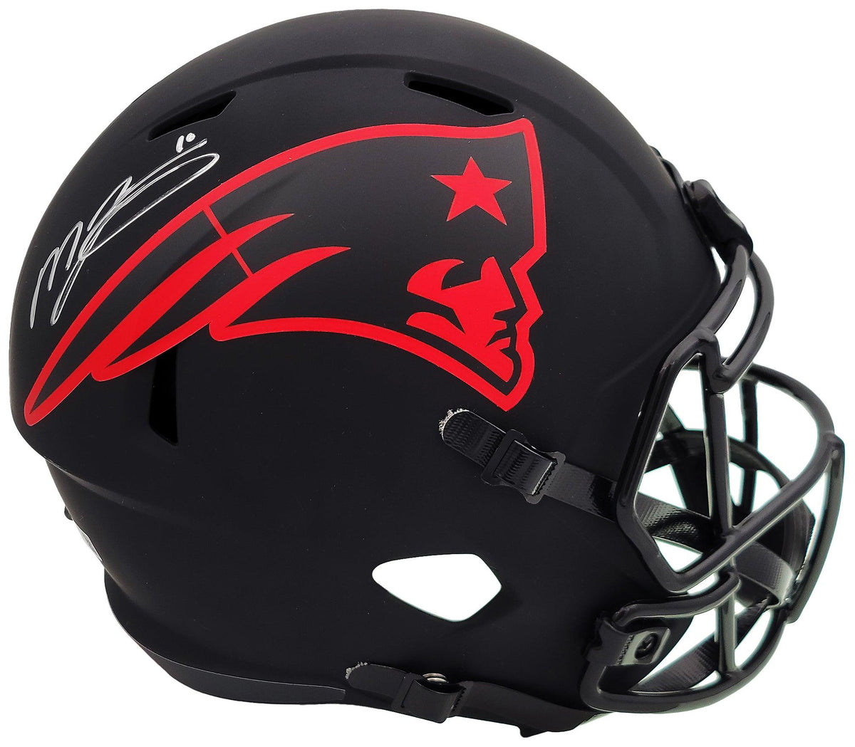 Mac Jones Autographed New England Patriots Eclipse Black Full Size Replica Speed Helmet Beckett Bas Qr Stock #202964