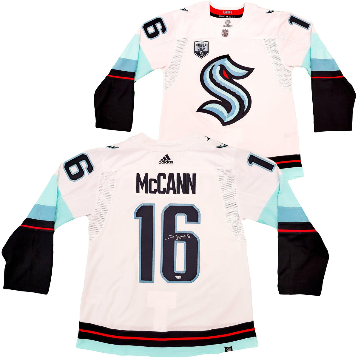 Seattle Kraken Jared Mccann Autographed White Adidas Authentic Jersey Size 54 With Inaugural Patch Fanatics Holo Stock #202943