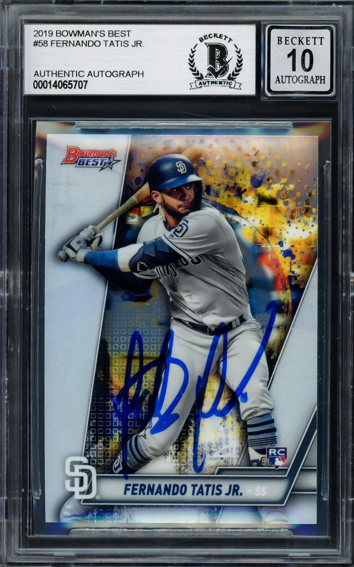 Fernando Tatis Jr. Autographed 2019 Bowman's Best Rookie Card #58 San Diego Padres Auto Grade Gem Mint 10 Beckett Bas Stock #202919