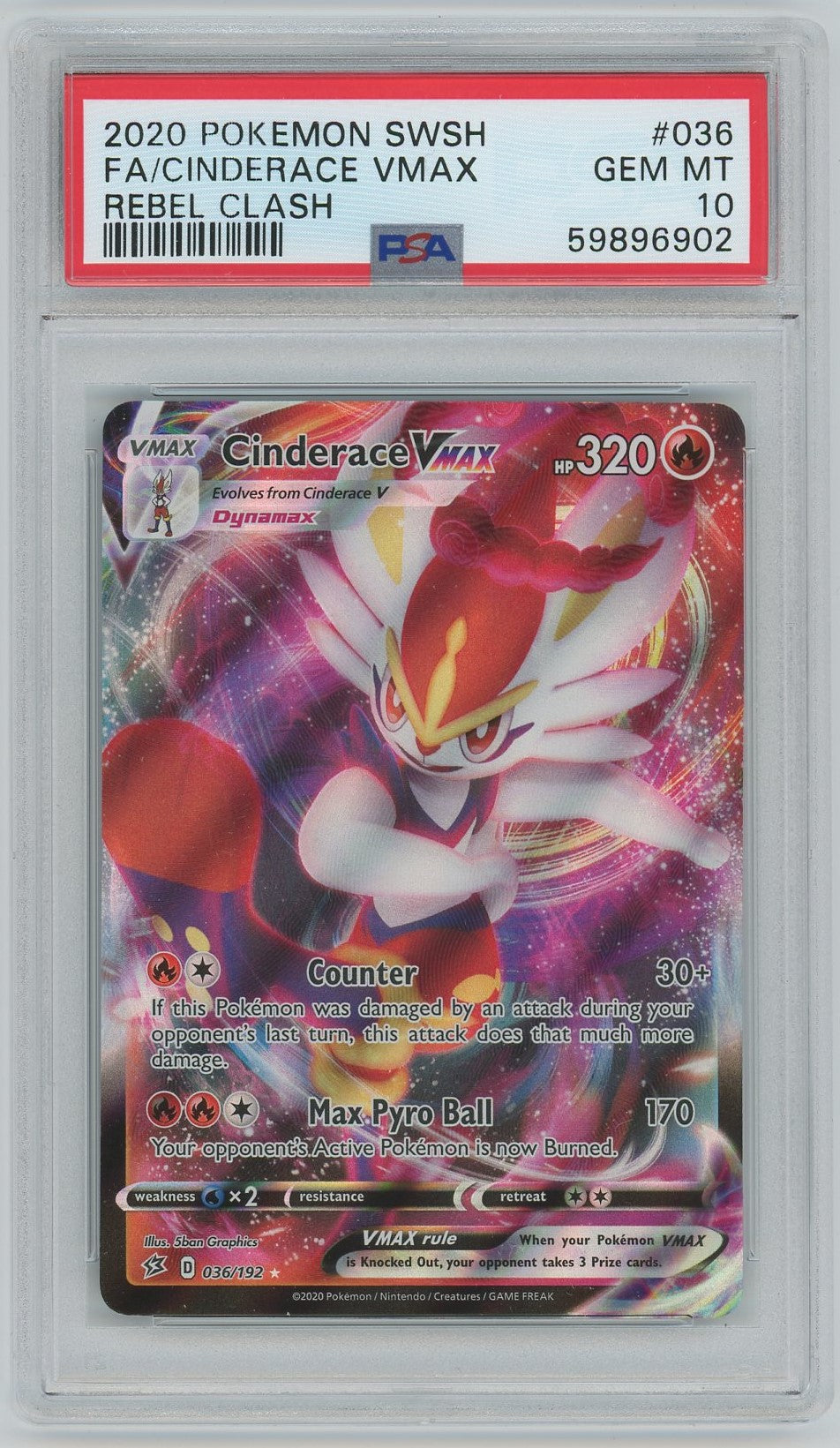 PSA (Gem Mt 10) Fa/Cinderace Vmax #036 - Pokemon Sword & Shield Rebel Clash (#59896902)