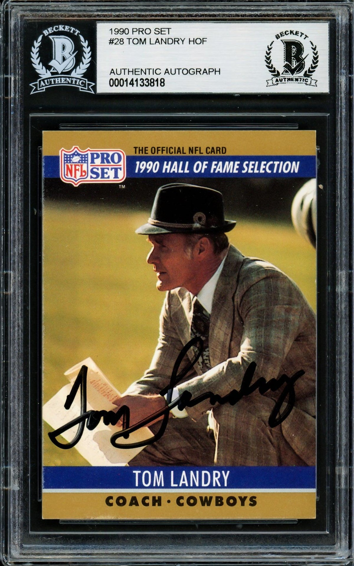 Tom Landry Autographed 1990 Pro Set Card #28 Dallas Cowboys Beckett Bas #14133818