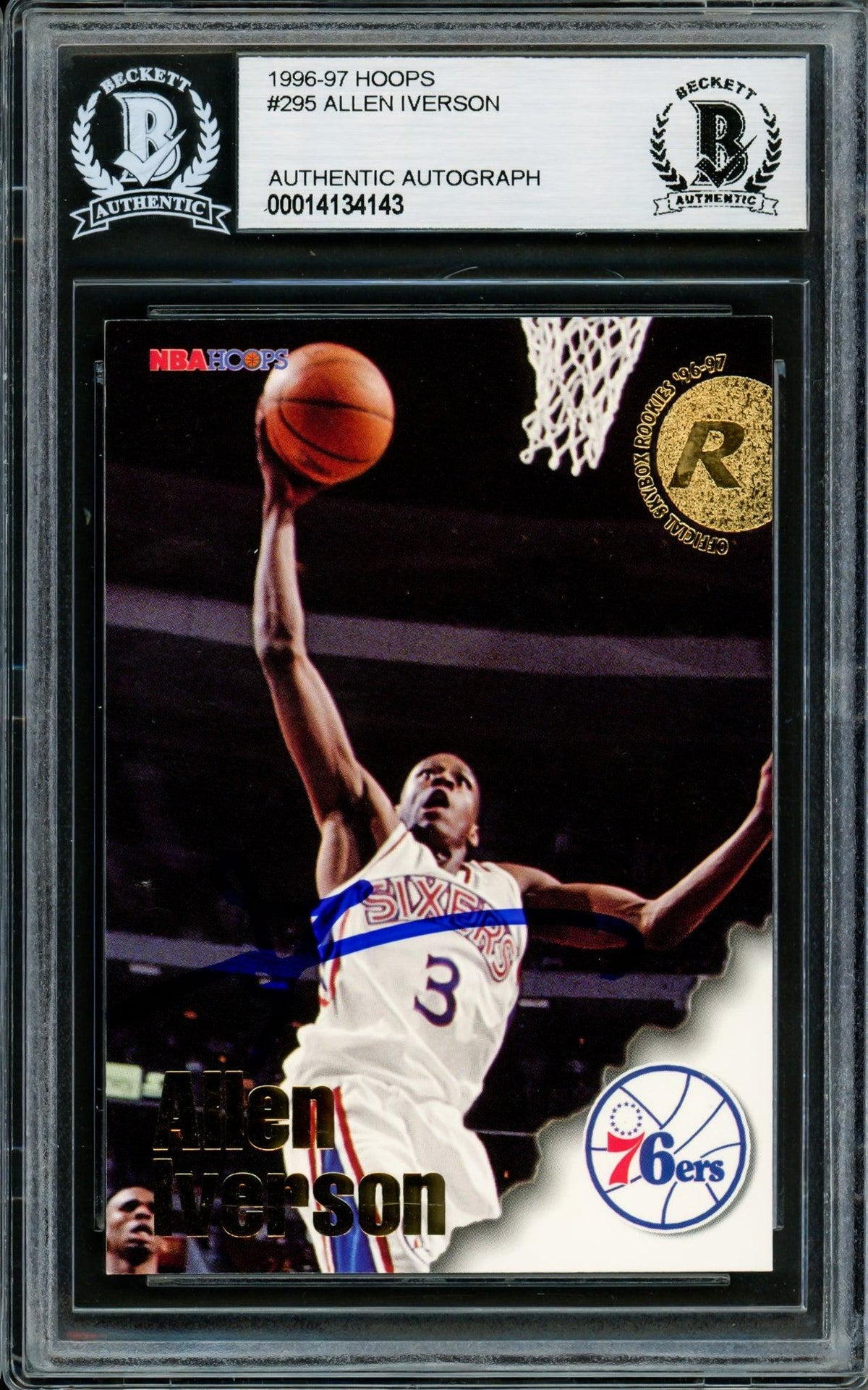 Allen Iverson Autographed 1996-97 Hoops Rookie Card #295 Philadelphia 76Ers Beckett Bas #14134143