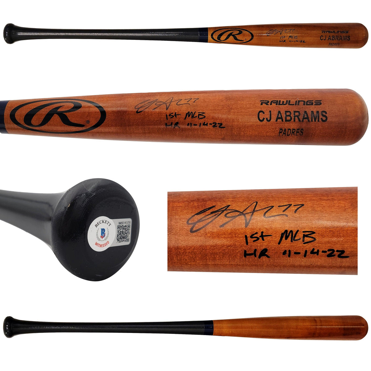 Cj Abrams Autographed Brown Rawlings Game Model Bat San Diego Padres "1St MLB Hr 4-14-22" Beckett Bas Qr Stock #203555