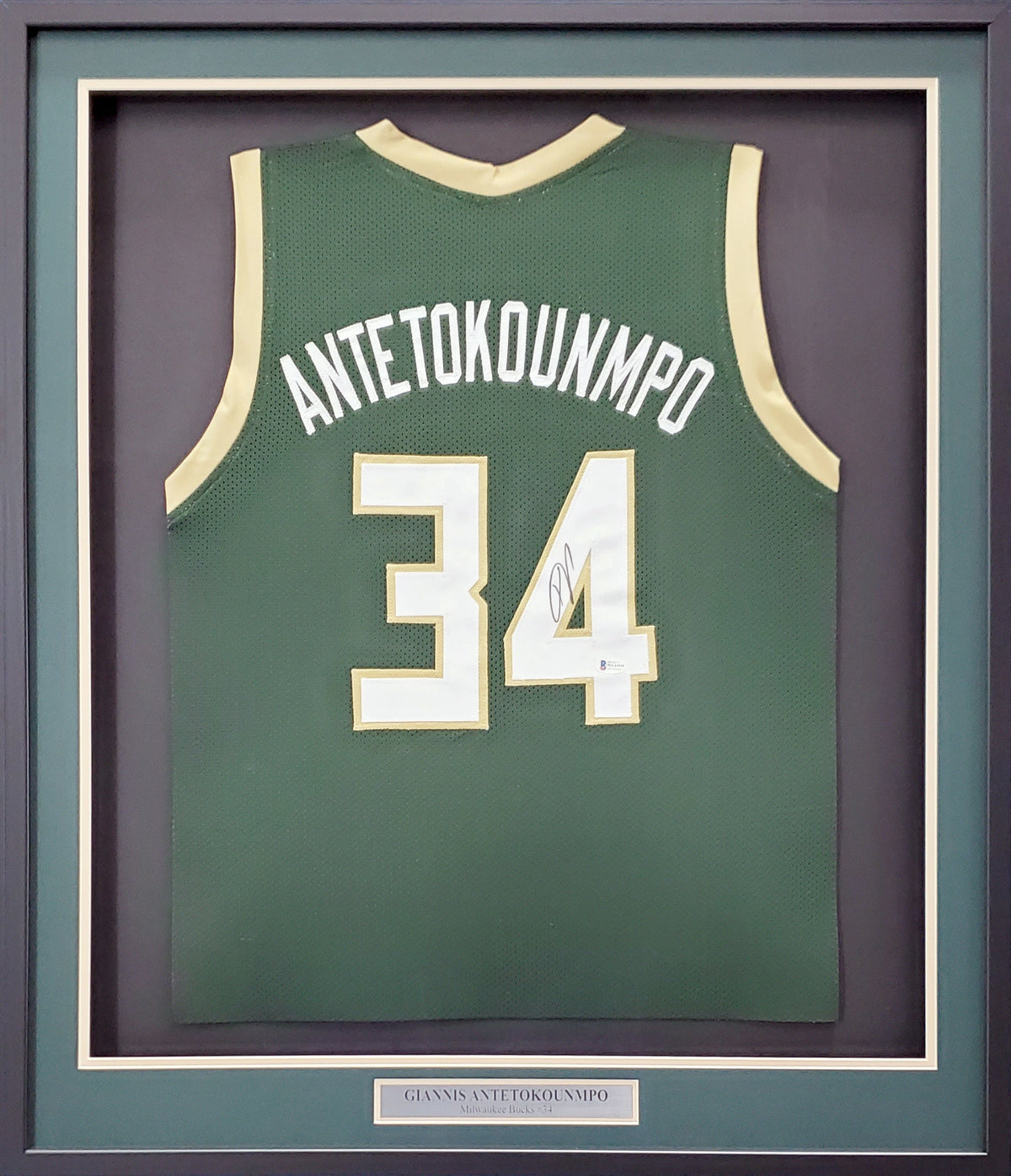 Milwaukee Bucks Giannis Antetokounmpo Autographed Framed Green Jersey Beckett Bas