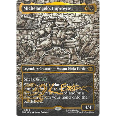 Magic The Gathering Michelangelo, Improviser (Borderless) (Gold-Stamped Signature) [Teenage Mutant Ninja Turtles] Foil