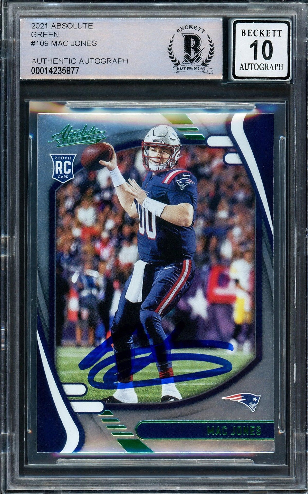 Mac Jones Autographed 2021 Panini Absolute Green Rookie Card #109 New England Patriots Auto Grade Gem Mint 10 Beckett Bas Stock #205968