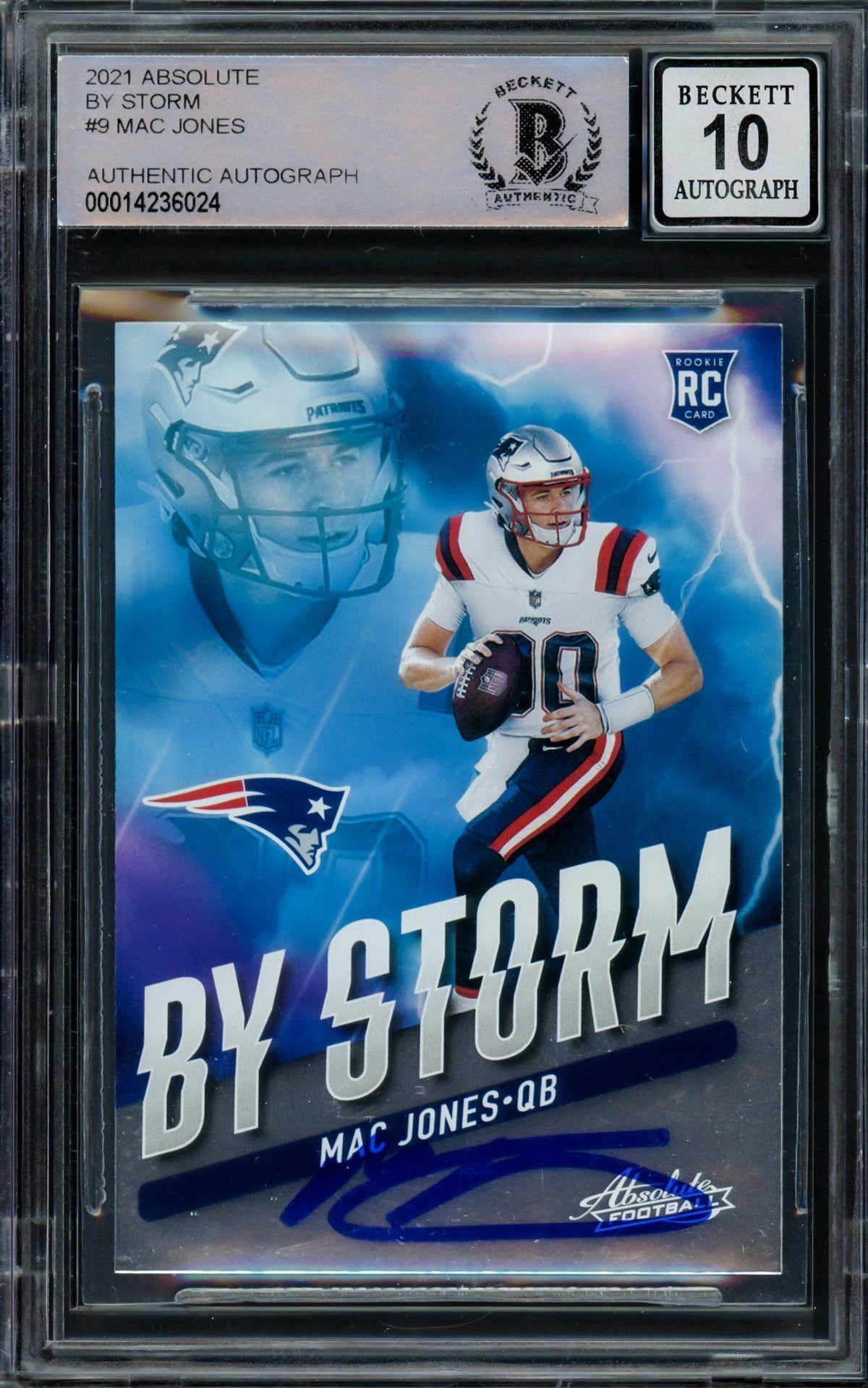 Mac Jones Autographed 2021 Panini Absolute By Storm Rookie Card #Bst-9 New England Patriots Auto Grade Gem Mint 10 Beckett Bas #14236024