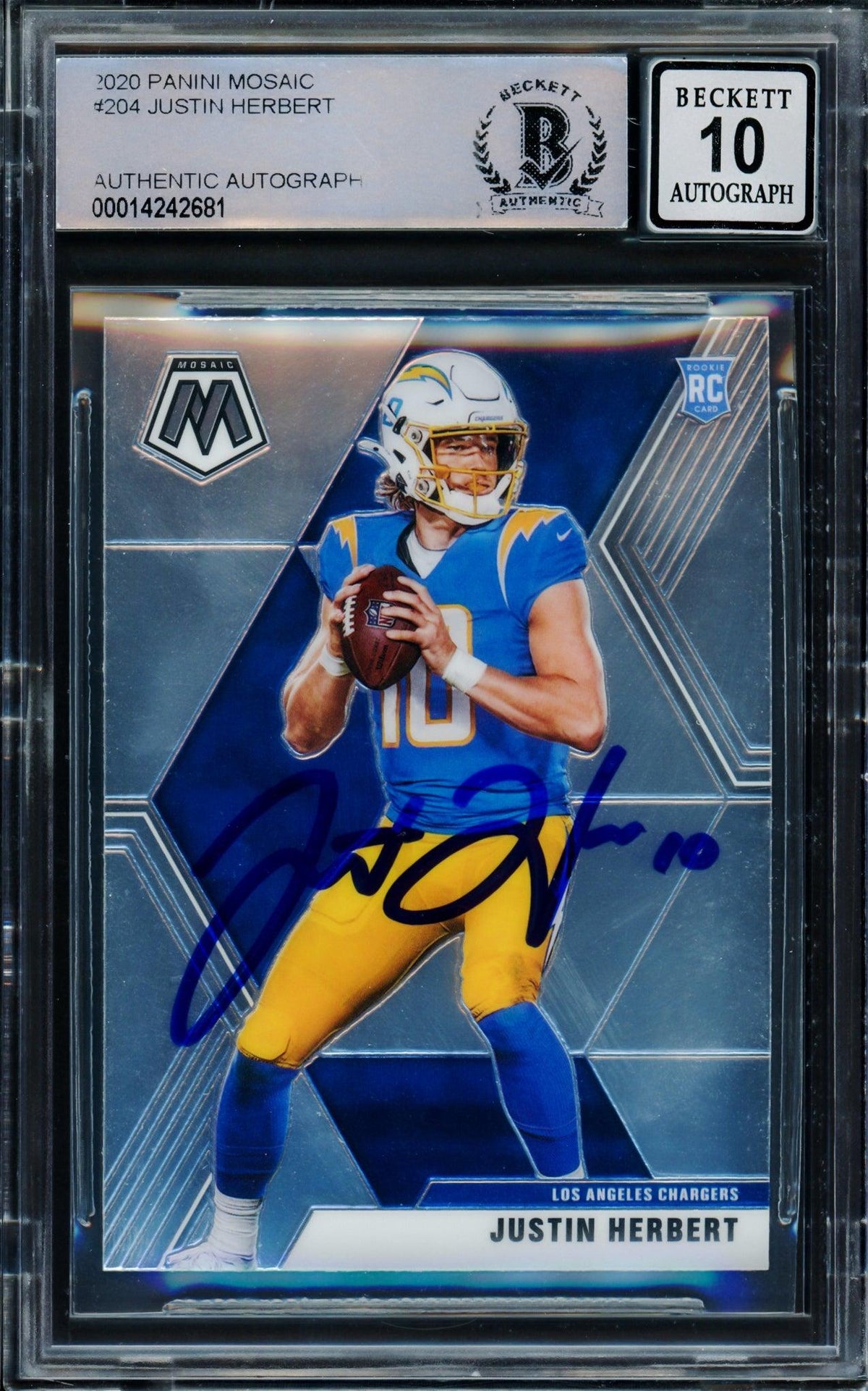 Justin Herbert Autographed 2020 Panini Mosaic Rookie Card #204 Los Angeles Chargers Auto Grade Gem Mint 10 Beckett Bas Stock #206088