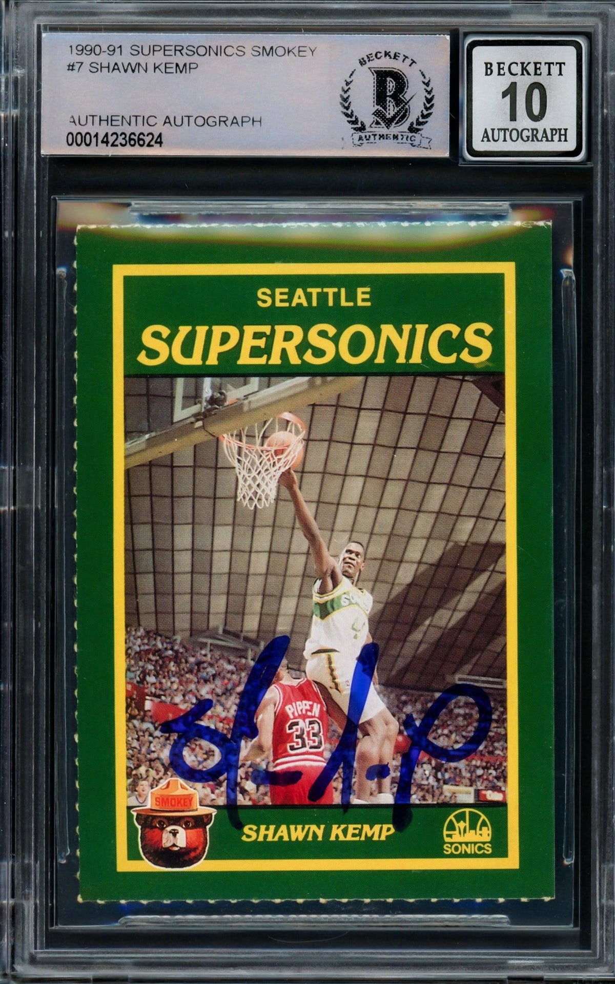 Shawn Kemp Autographed 1990 Smokey The Bear Rookie Card #7 Seattle Super Sonics Auto Grade Gem Mint 10 Beckett Bas #14236624