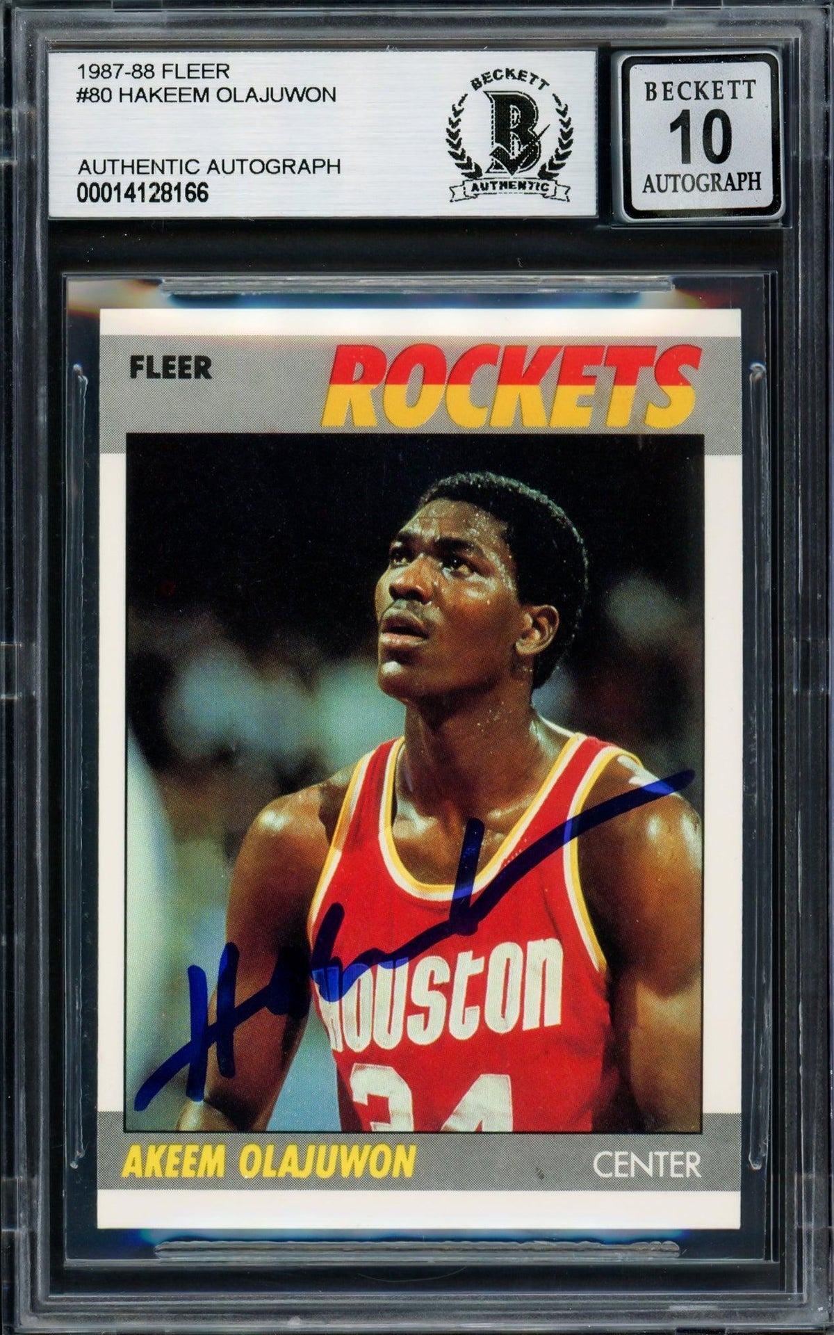 Hakeem Olajuwon Autographed 1987-88 Fleer Card #80 Houston Rockets Auto Grade Gem Mint 10 Beckett Bas #14128166
