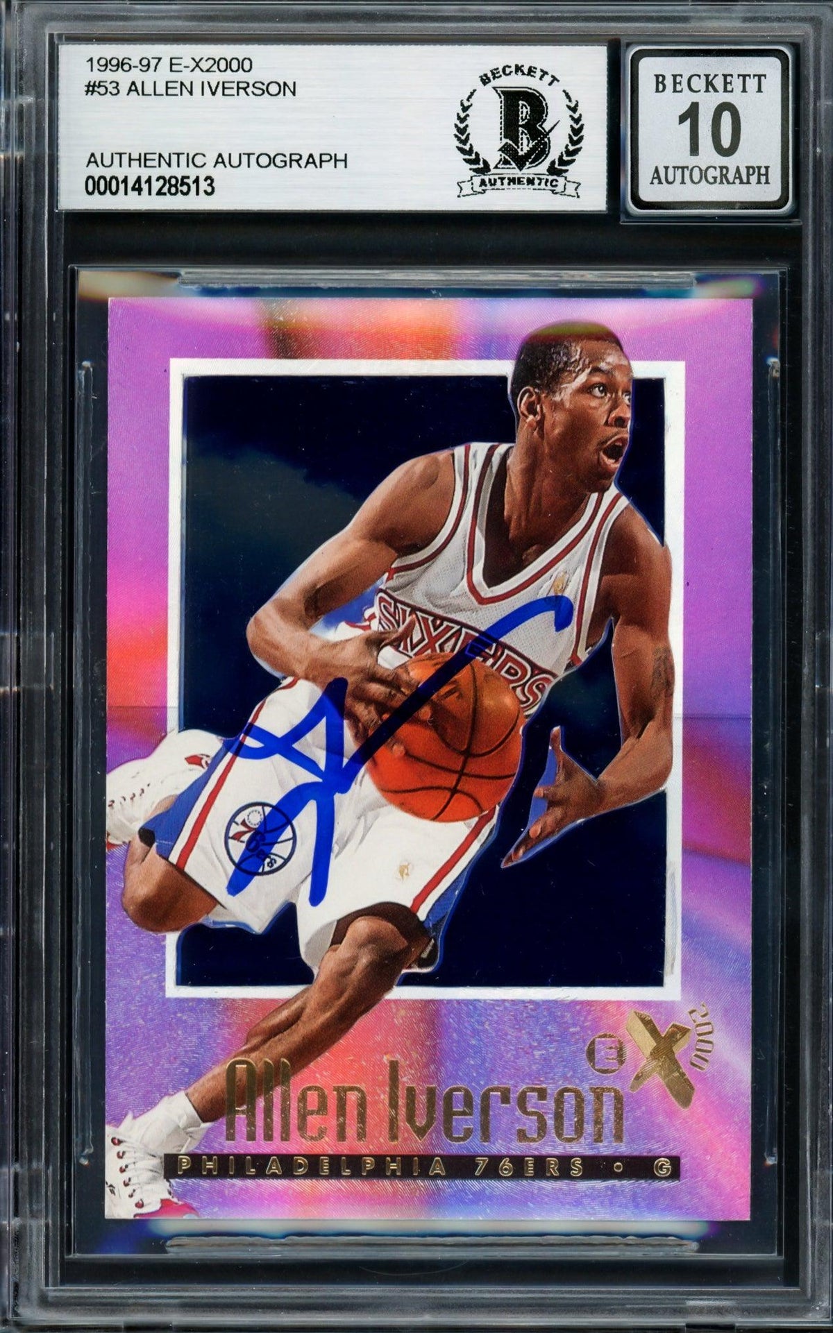 Allen Iverson Autographed 1996-97 Skybox E-X 2000 Rookie Card #53 Philadelphia 76Ers Auto Grade Gem Mint 10 Beckett Bas #14128513