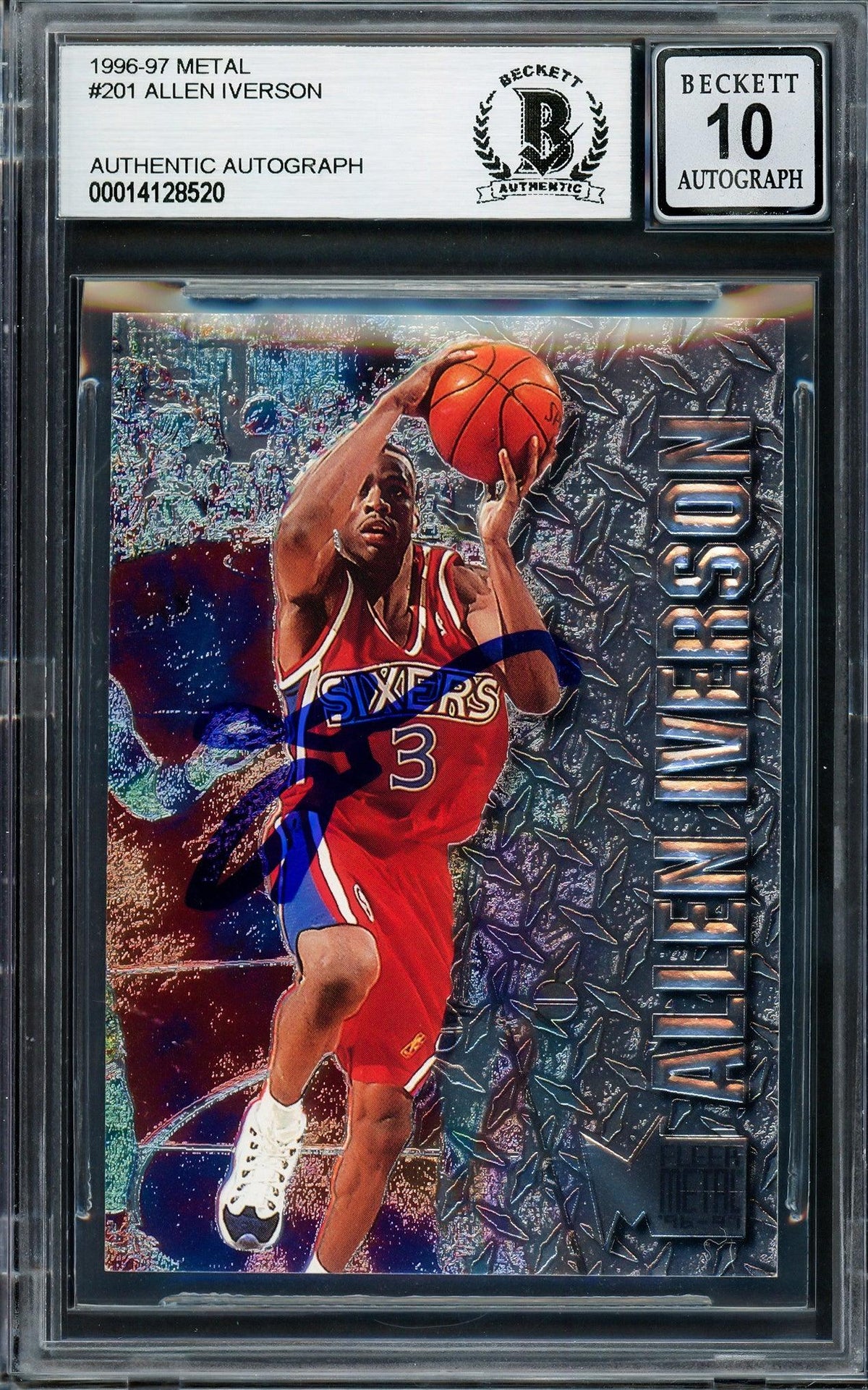 Allen Iverson Autographed 1996-97 Fleer Metal Rookie Card #201 Philadelphia 76Ers Auto Grade Gem Mint 10 Beckett Bas Stock #205769