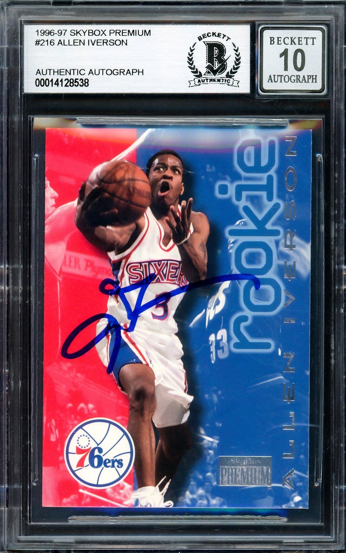 Allen Iverson Autographed 1996-97 Skybox Premium Rookie Card #216 Philadelphia 76Ers Auto Grade Gem Mint 10 Beckett Bas Stock #205771