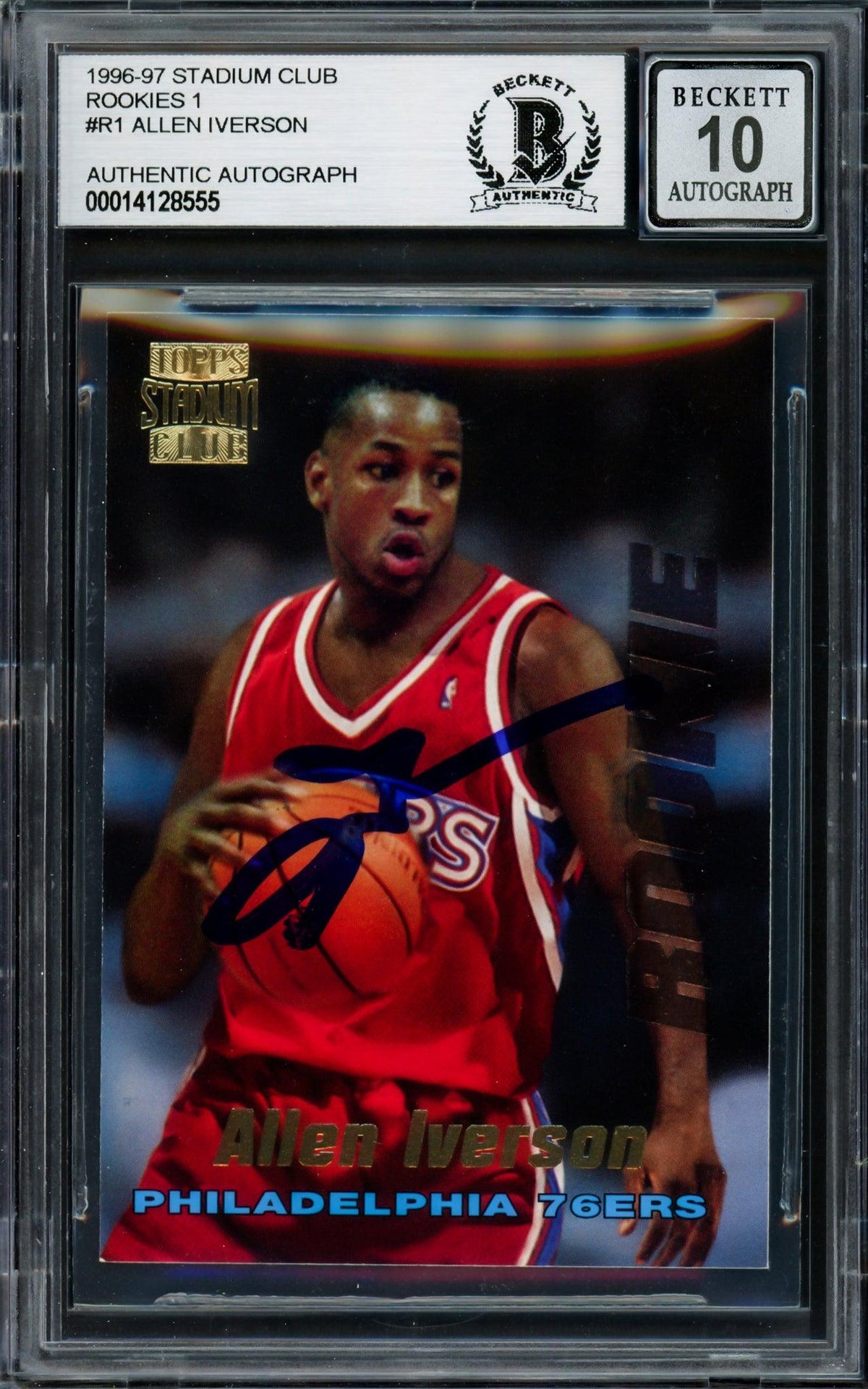 Allen Iverson Autographed 1996-97 Stadium Club Rookie Card #R1 Philadelphia 76Ers Auto Grade Gem Mint 10 Beckett Bas #14128555