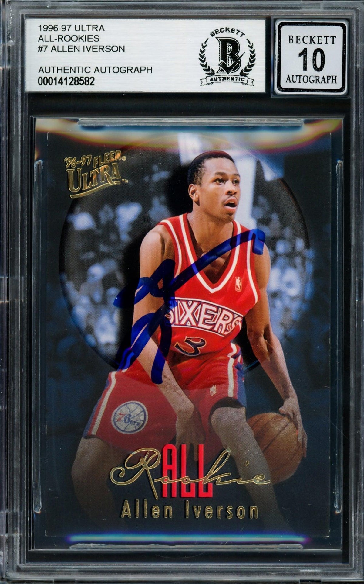 Allen Iverson Autographed 1996-97 Fleer Ultra All Rookie  Card #7 Philadelphia 76Ers Auto Grade Gem Mint 10 Beckett Bas #14128582