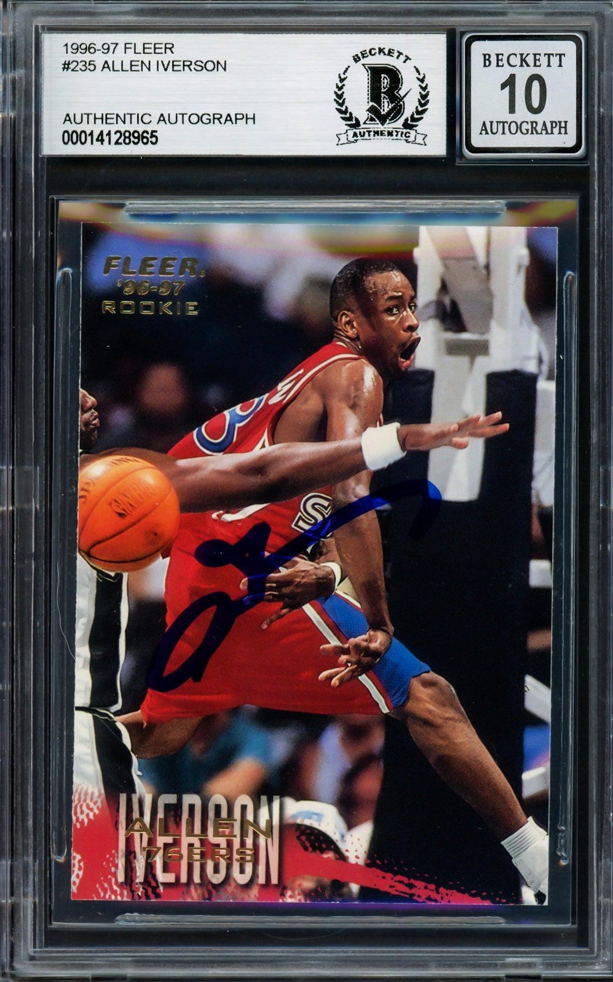 Allen Iverson Autographed 1996-97 Fleer Rookie Card #235 Philadelphia 76Ers Auto Grade Gem Mint 10 Beckett Bas #14128965