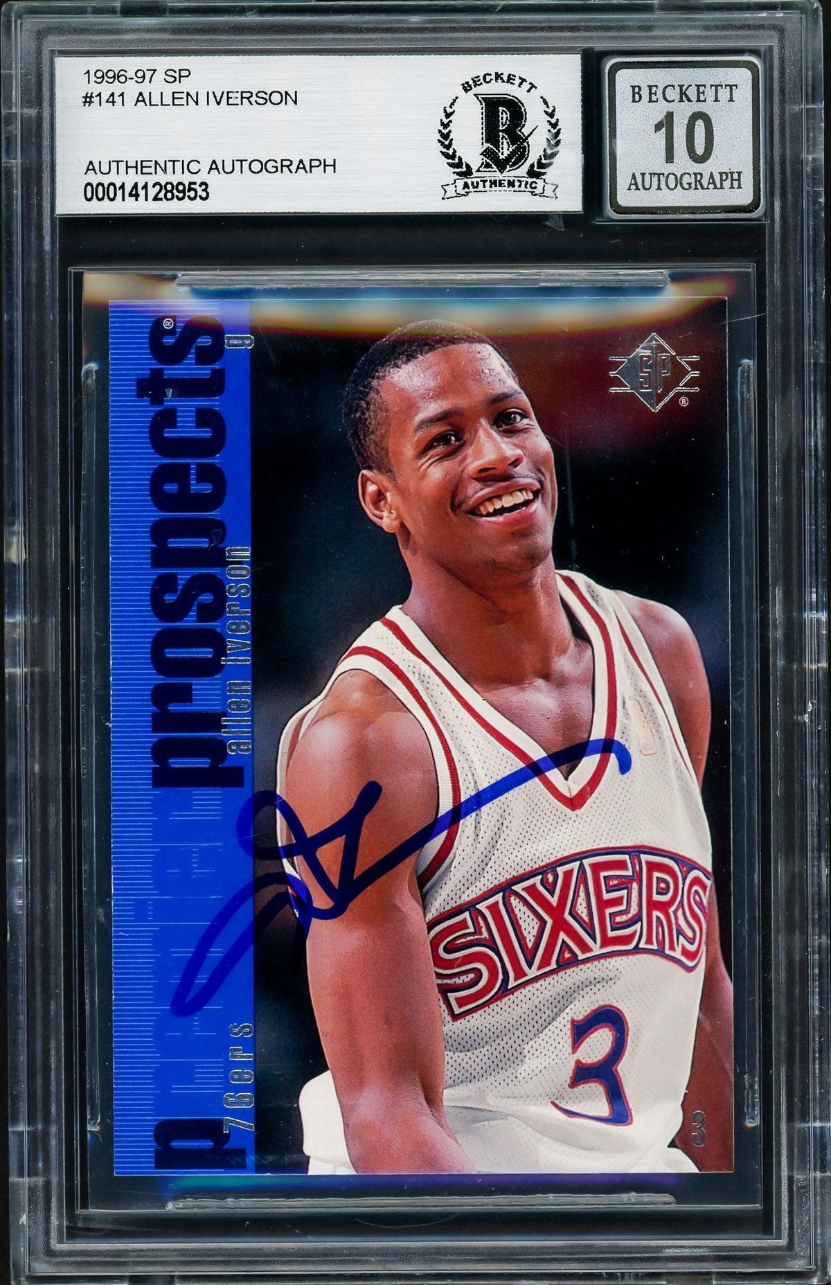 Allen Iverson Autographed 1996-97 Upper Deck Sp Rookie Card #141 Philadelphia 76Ers Auto Grade Gem Mint 10 Beckett Bas #14128953