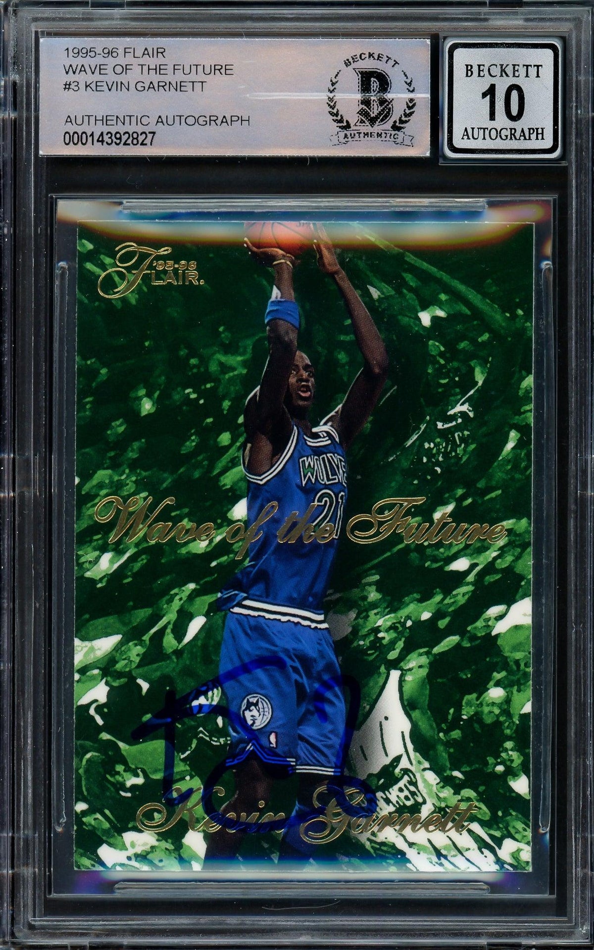 Kevin Garnett Autographed 1995-96 Fleer Flair Wave Of The Future Rookie Card #3 Minnesota Timberwolves Auto Grade Gem Mint 10 Beckett Bas #14392827