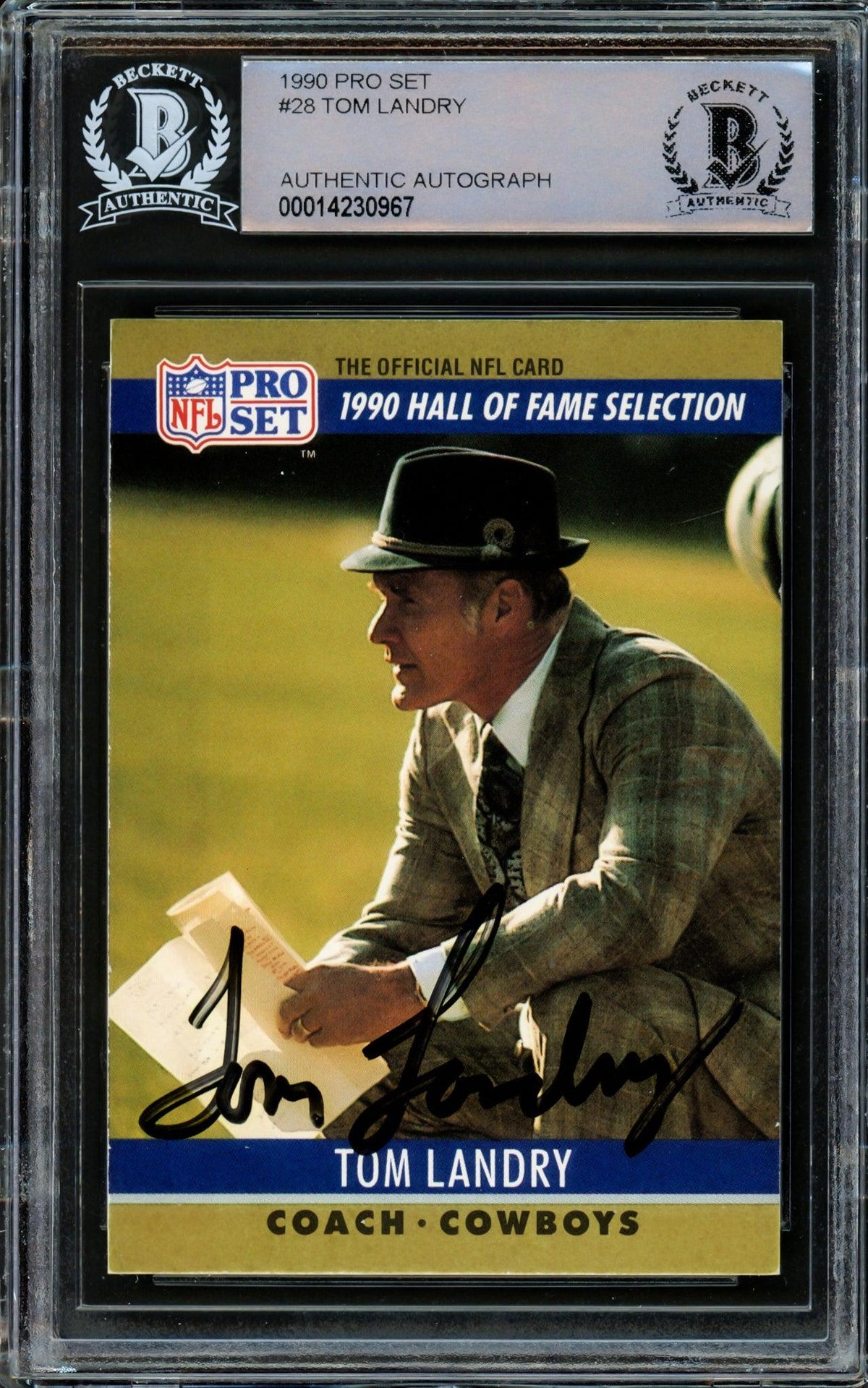 Tom Landry Autographed 1990 Pro Set Card #28 Dallas Cowboys Beckett Bas #14230967