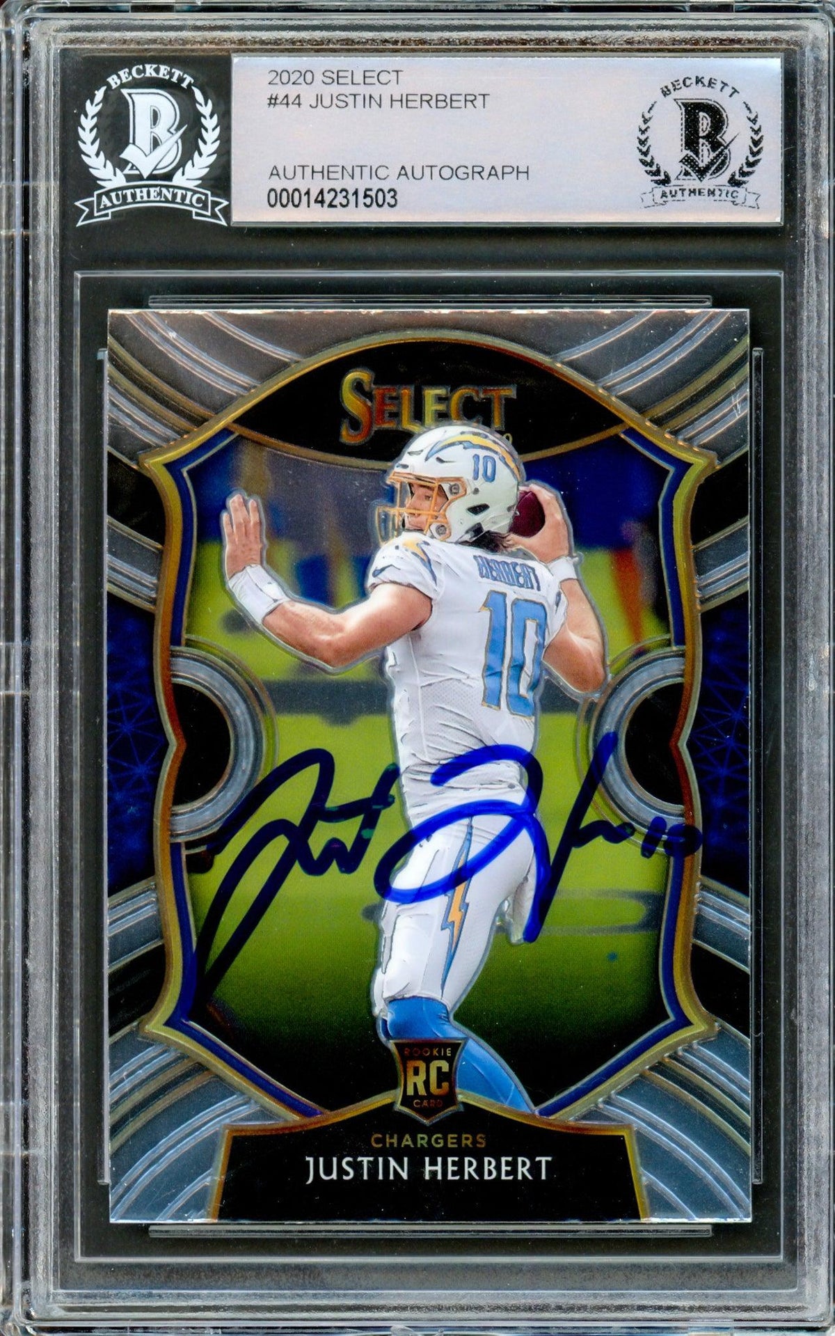 Justin Herbert Autographed 2020 Panini Select Concourse Level Rookie Card #44 Los Angeles Chargers Beckett Bas #14231503