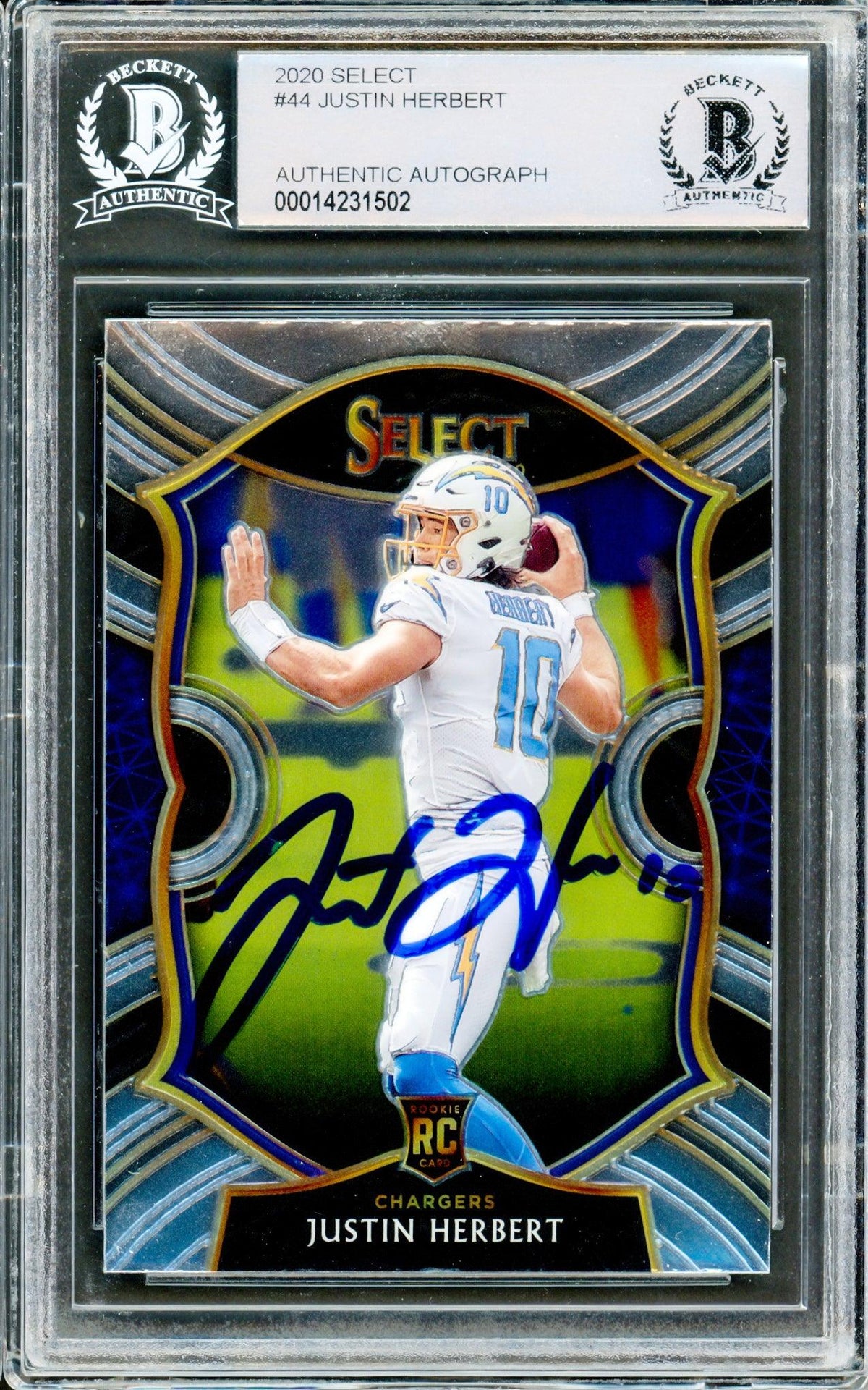 Justin Herbert Autographed 2020 Panini Select Concourse Level Rookie Card #44 Los Angeles Chargers Beckett Bas #14231502