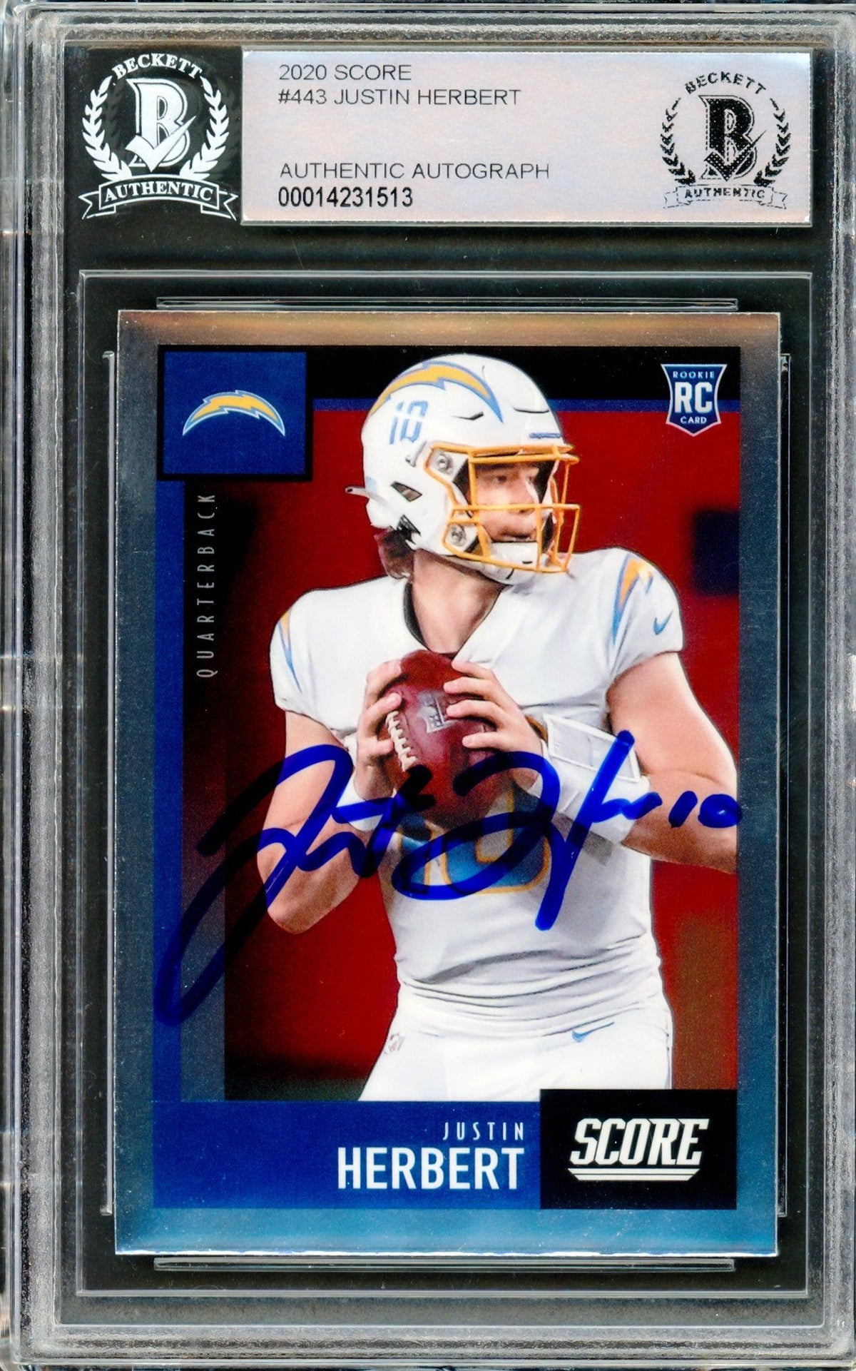 Justin Herbert Autographed 2020 Score Rookie Card #443 Los Angeles Chargers Beckett Bas Stock #206592