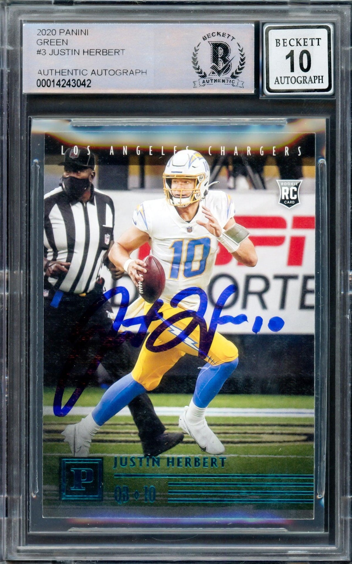 Justin Herbert Autographed 2020 Chronicles Panini Green Parallel Rookie Card #Pa-3 Los Angeles Chargers Auto Grade Gem Mint 10 Beckett Bas #14243042