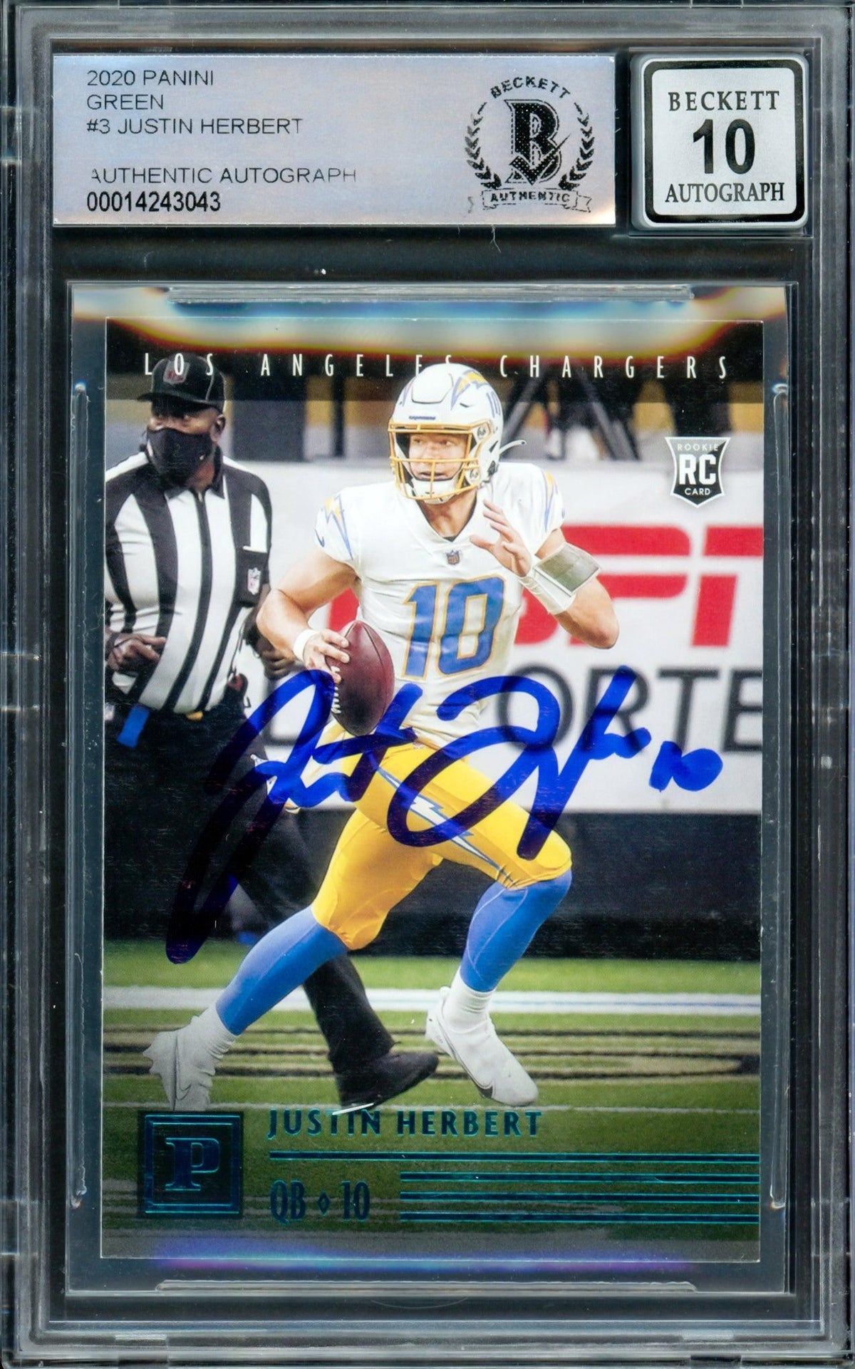 Justin Herbert Autographed 2020 Chronicles Panini Green Parallel Rookie Card #Pa-3 Los Angeles Chargers Auto Grade Gem Mint 10 Beckett Bas #14243043