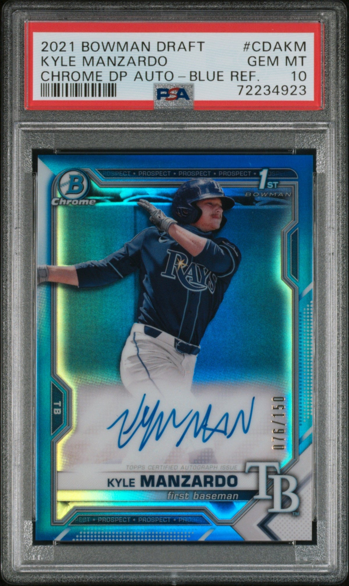 Pokémon Panini 2021 Bowman Draft Chrome Autograph Blue Refractor Kyle Manzardo #Cdakm /150 PSA 10