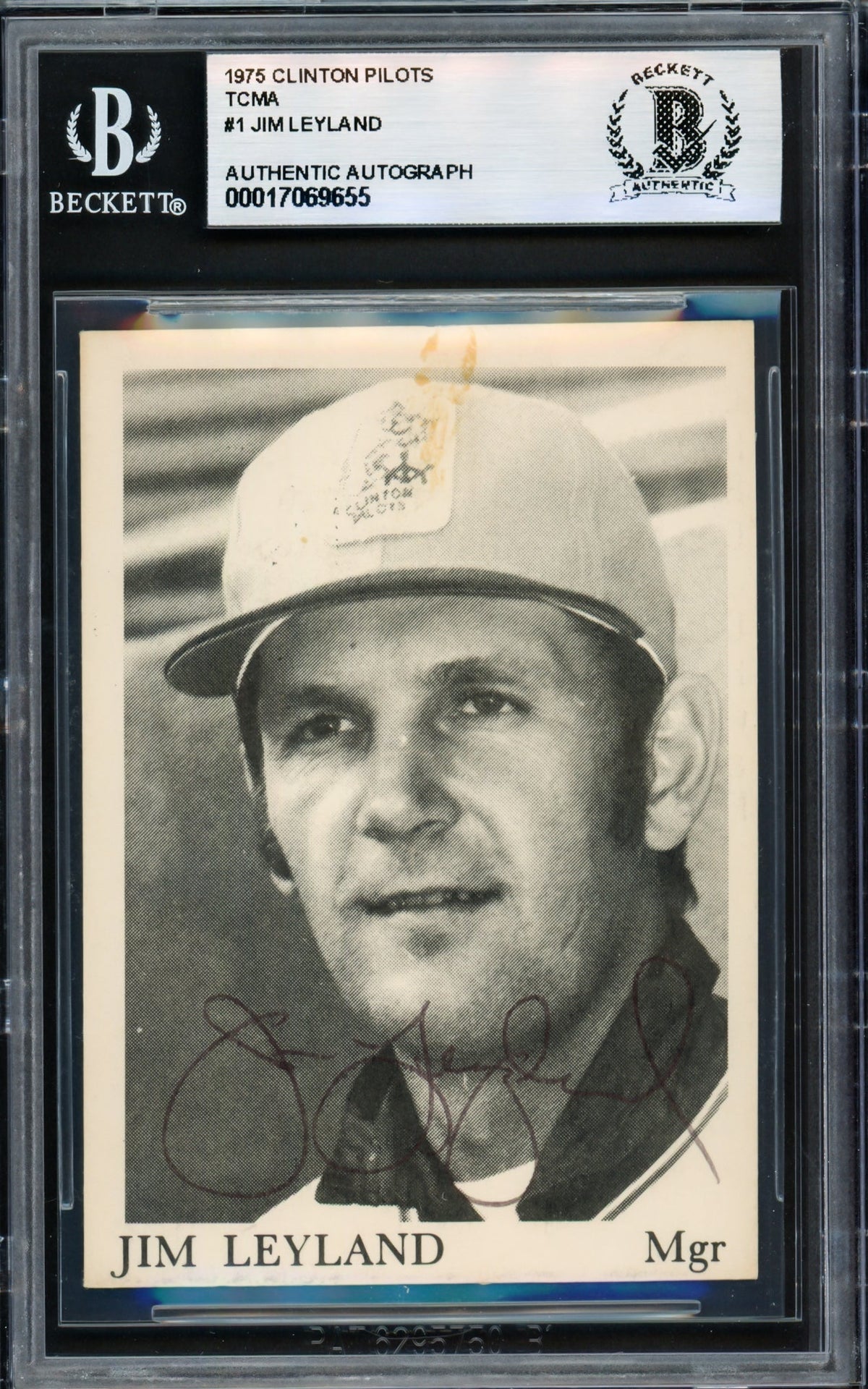 Jim Leyland Autographed 1975 Tcma Rookie Card #1 Clinton Pilots Beckett Bas #17069655