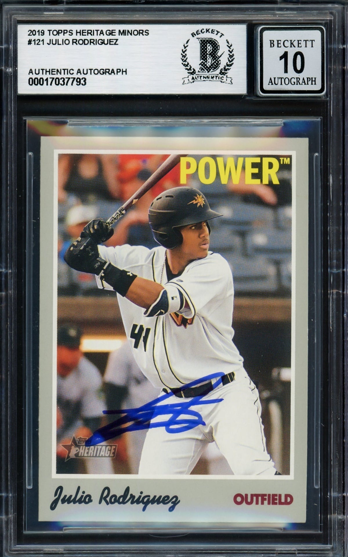 Julio Rodriguez Autographed 2019 Topps Heritage Minors Rookie Card #121 Seattle Mariners Auto Grade Gem Mint 10 Beckett Bas #17037793