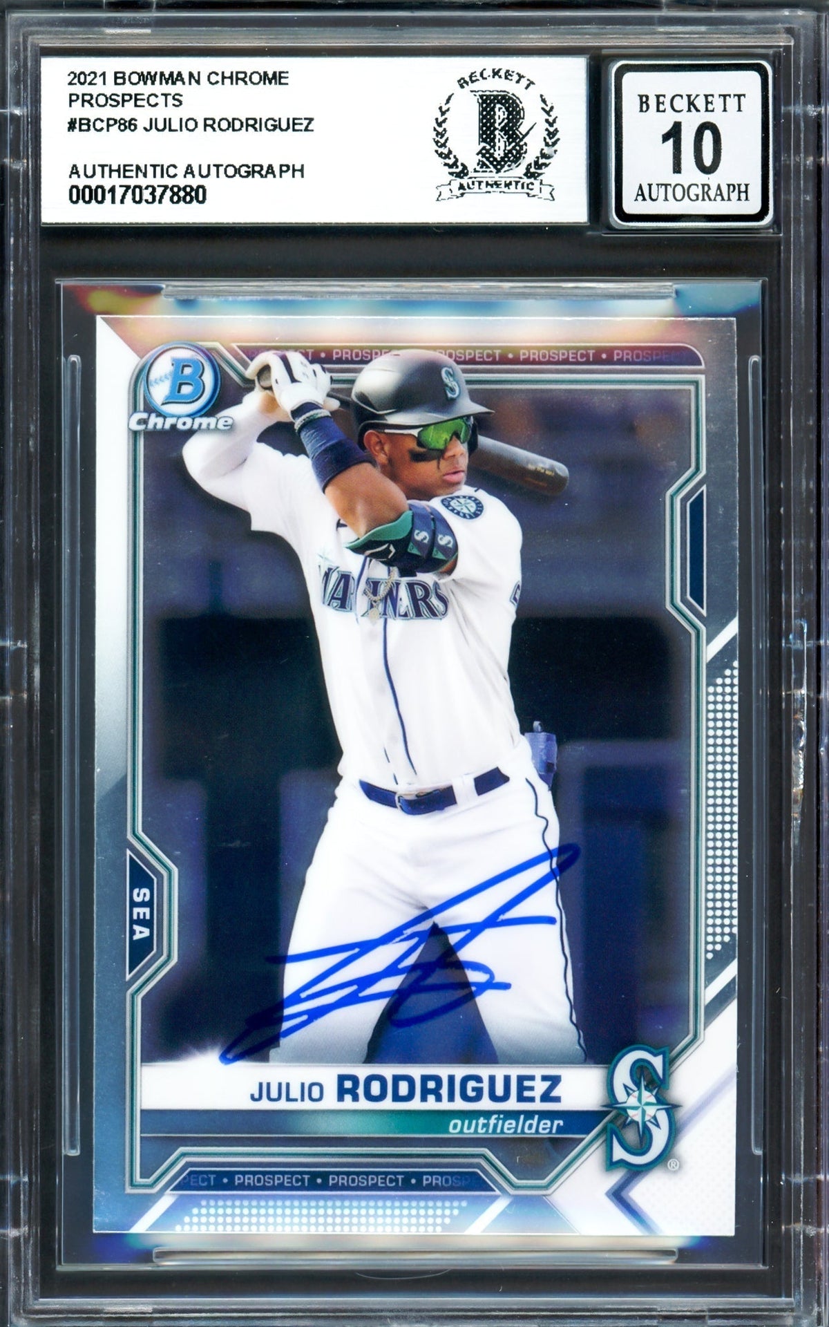 Julio Rodriguez Autographed 2021 Bowman Chrome Rookie Card #Bcp86 Seattle Mariners Auto Grade Gem Mint 10 Beckett Bas #17037880