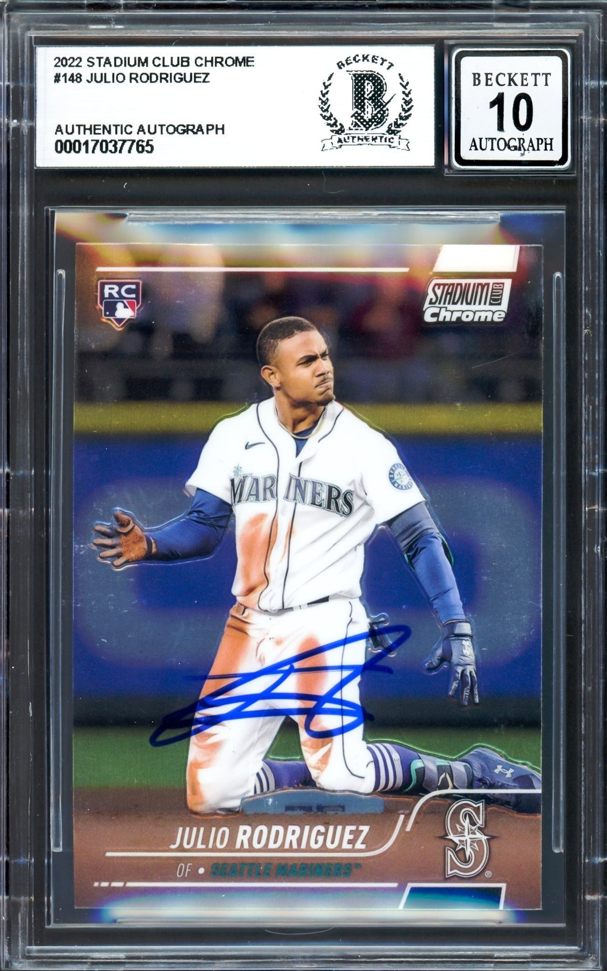 Julio Rodriguez Autographed 2022 Stadium Club Chrome Rookie Card #148 Seattle Mariners Auto Grade Gem Mint 10 Beckett Bas #17037765