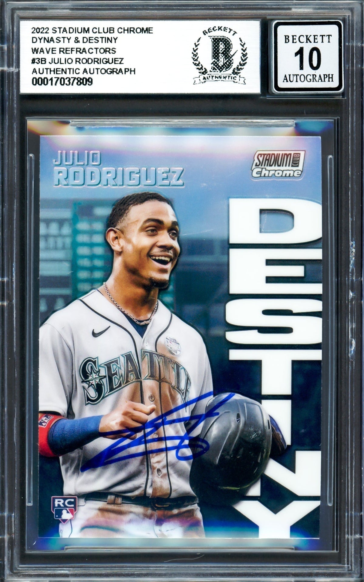 Julio Rodriguez Autographed 2022 Stadium Club Chrome Destiny Rookie Card #3B Seattle Mariners Auto Grade Gem Mint 10 Beckett Bas #17037809