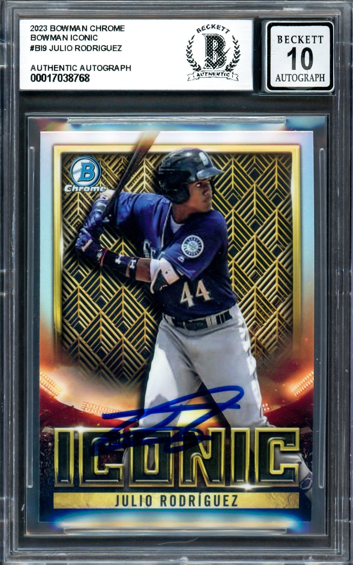 Julio Rodriguez Autographed 2023 Bowman Chrome Iconic Refractor Card #Bi-9 Seattle Mariners Auto Grade Gem Mint 10 Beckett Bas #17038768