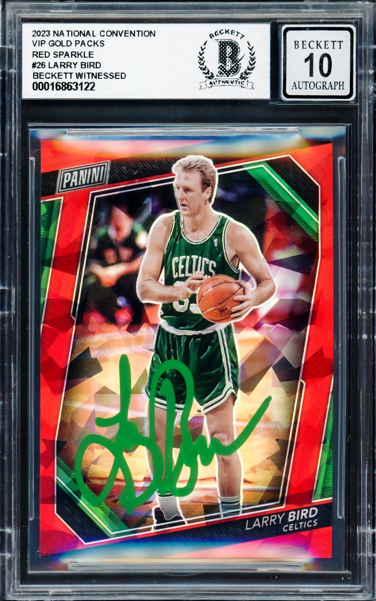 Larry Bird Autographed 2023 Panini Prizm National Convention Vip Gold Packs Red Sparkle Card #26 Card Boston Celtics Auto Grade Gem Mint 10 #/199 Beckett Bas Witness