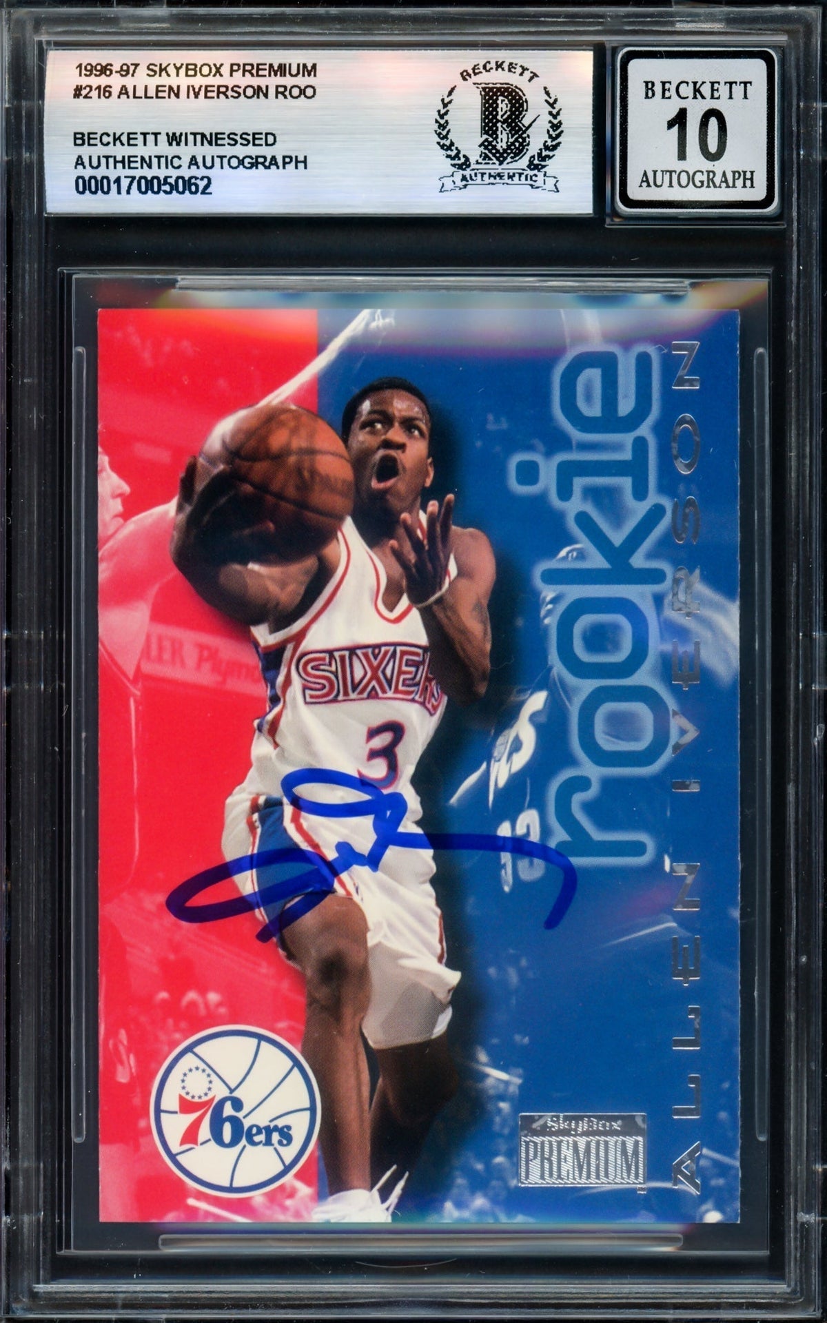 Allen Iverson Autographed 1996-97 Skybox Premium Rookie Card #216 Card Philadelphia 76Ers Auto Grade Gem Mint 10 Beckett Bas Witness