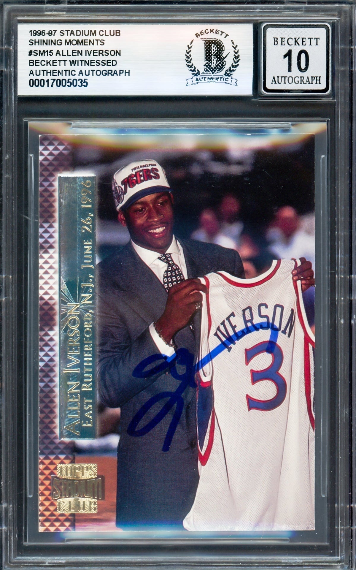 Allen Iverson Autographed 1996-97 Stadium Club Shining Moments Rookie Card #Sm15 Card Philadelphia 76Ers Auto Grade Gem Mint 10 Beckett Bas Witness