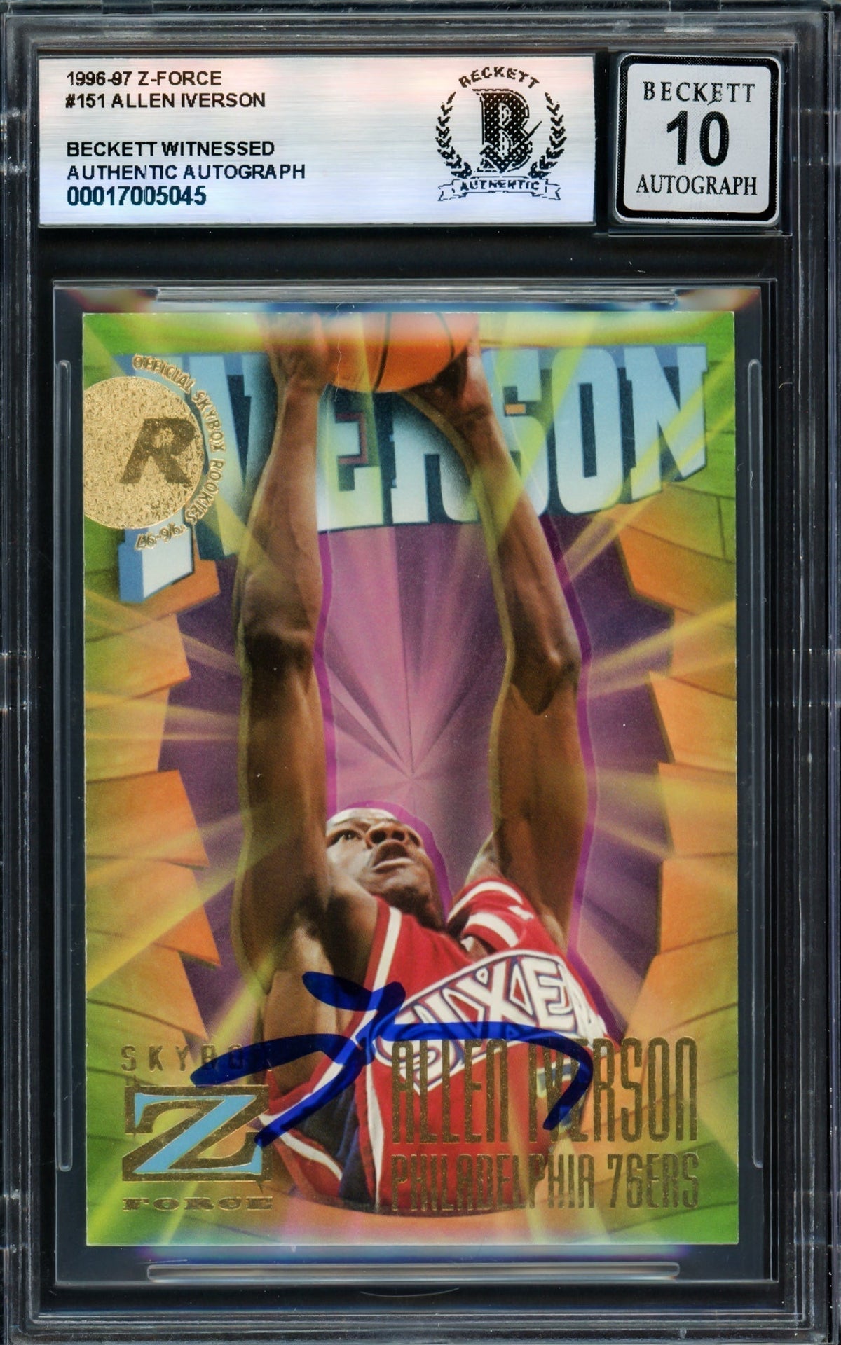 Allen Iverson Autographed 1996-97 Z-Force Rookie Card #151 Card Philadelphia 76Ers Auto Grade Gem Mint 10 Beckett Bas Witness