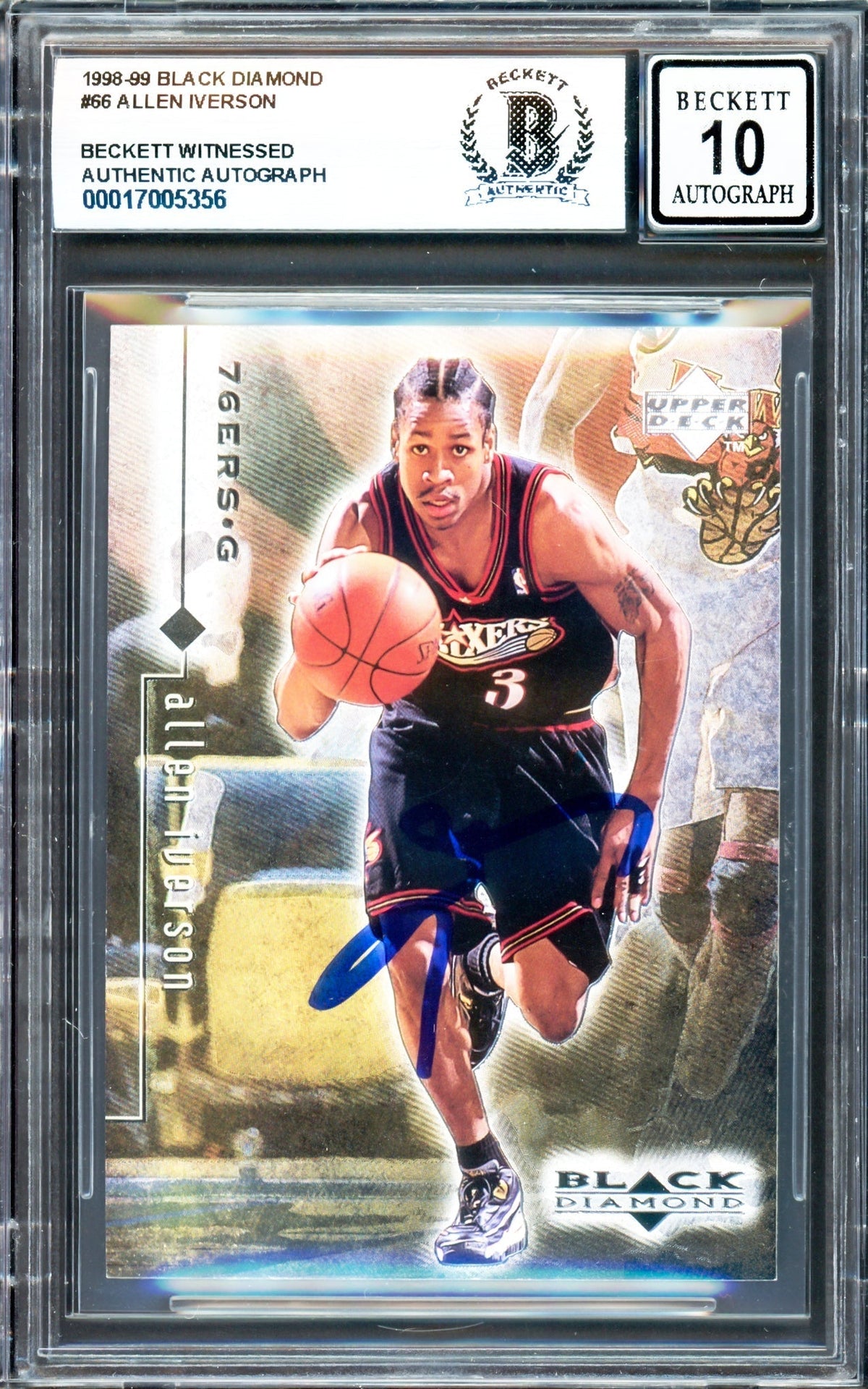 Allen Iverson Autographed 1998-99 Black Diamond Card #66 Card Philadelphia 76Ers Auto Grade Gem Mint 10 Beckett Bas Witness