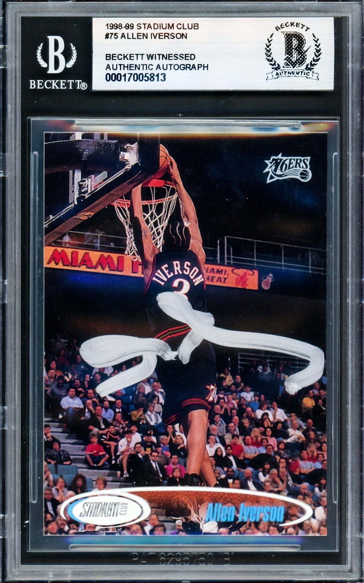 Allen Iverson Autographed 1998-99 Stadium Club Card #75 Card Philadelphia 76Ers Beckett Bas Witness