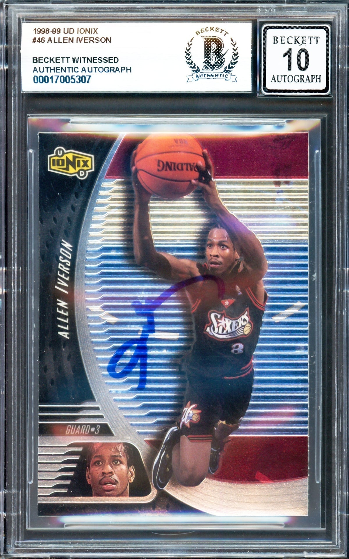 Allen Iverson Autographed 1998-99 Ud Ionix Card #46 Card Philadelphia 76Ers Auto Grade Gem Mint 10 Beckett Bas Witness