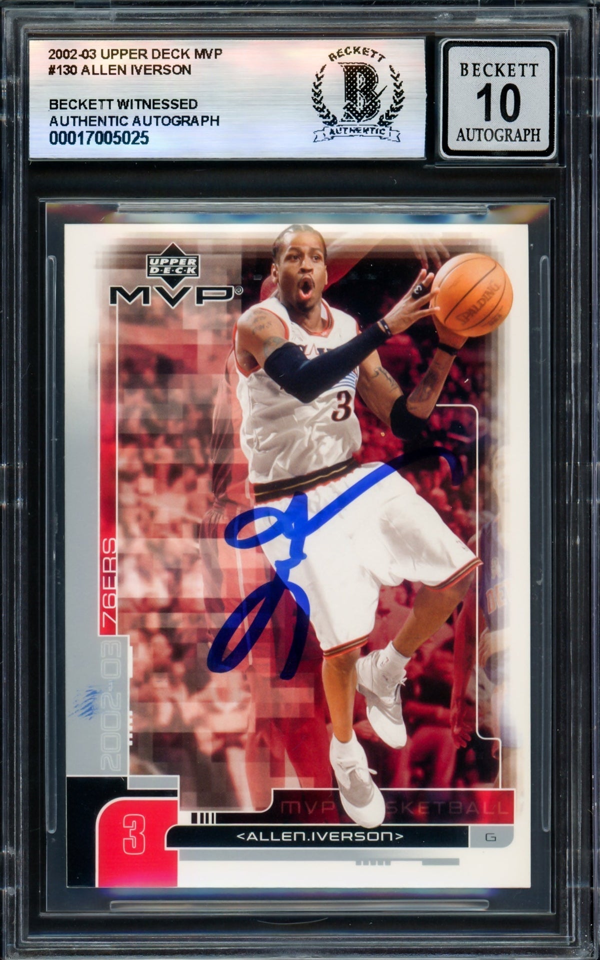 Allen Iverson Autographed 2002-03 Upper Deck Mvp Card #130 Card Philadelphia 76Ers Auto Grade Gem Mint 10 Beckett Bas Witness