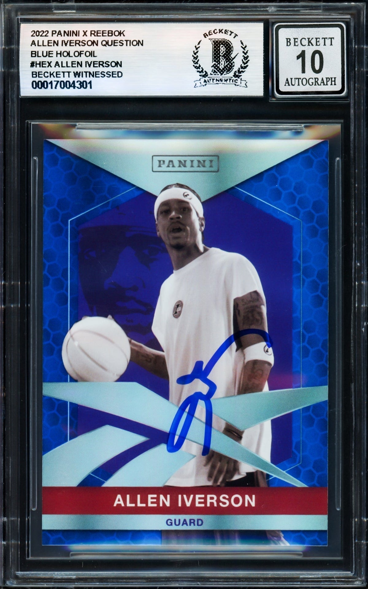 Allen Iverson Autographed 2022 Panini X Reebok Blue Holofoil Card #Hex Card Philadelphia 76Ers Auto Grade Gem Mint 10 Beckett Bas Witness
